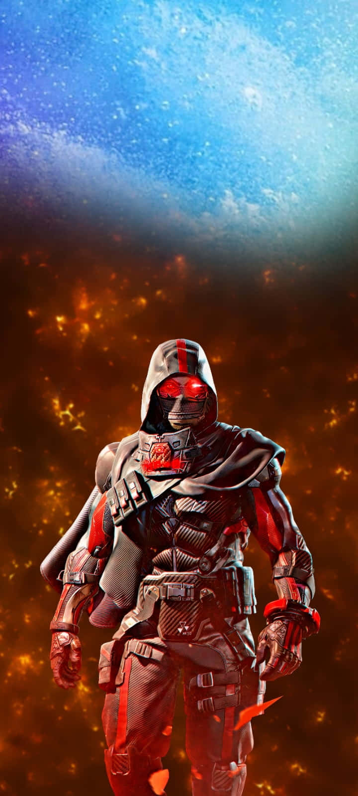 Cod Mobile Character Skins 桌布 壁紙 — 一個戴著兜帽的未來戰士，雙眼發出紅光，站在藍色星雲和熾熱橙色星星的宇宙背景前。