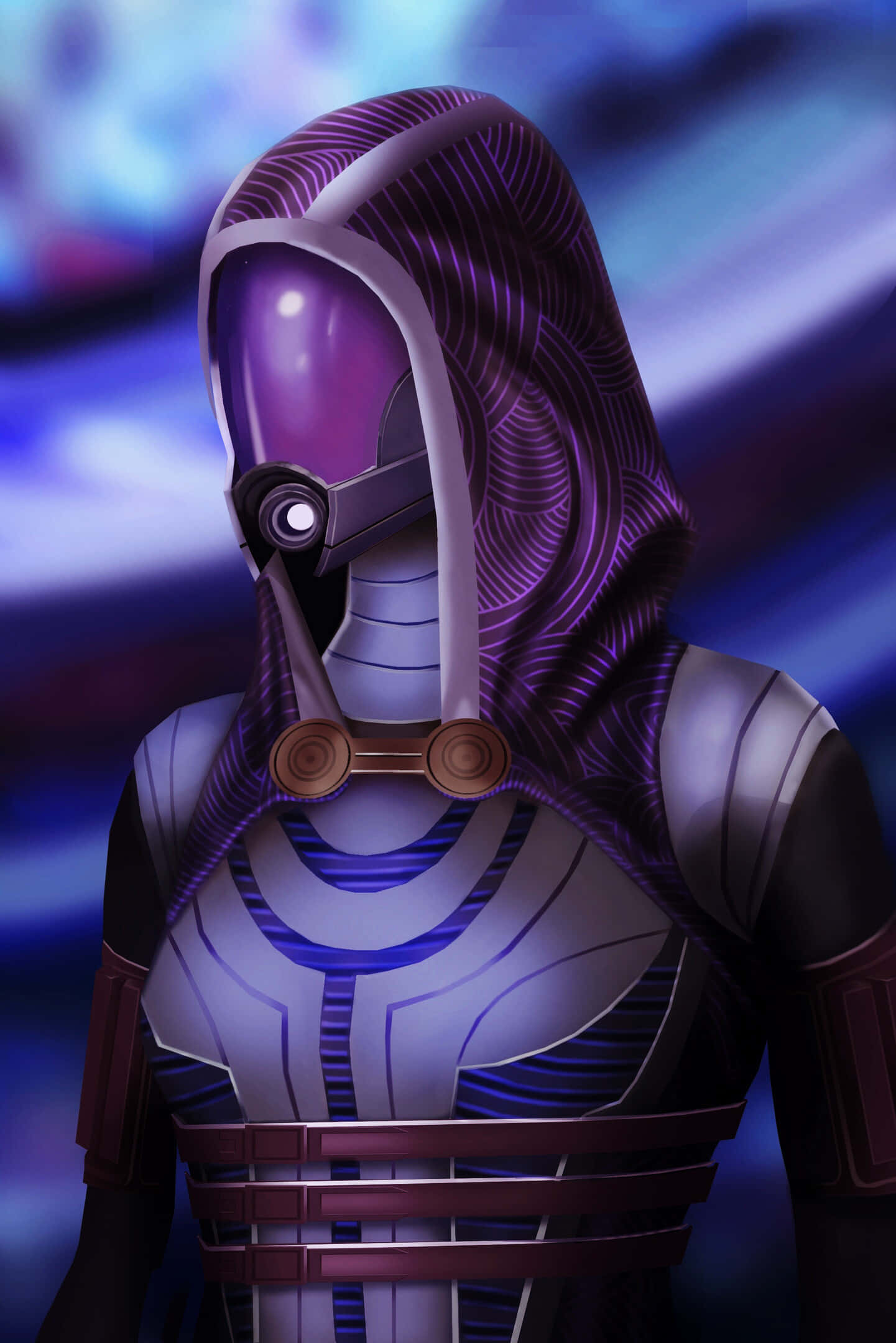 Tali'zorah 桌布 壁紙 — 一個戴著兜帽的未來風格人物，配備發光紫色面罩和精細盔甲，站在模糊的宇宙藍色背景前。