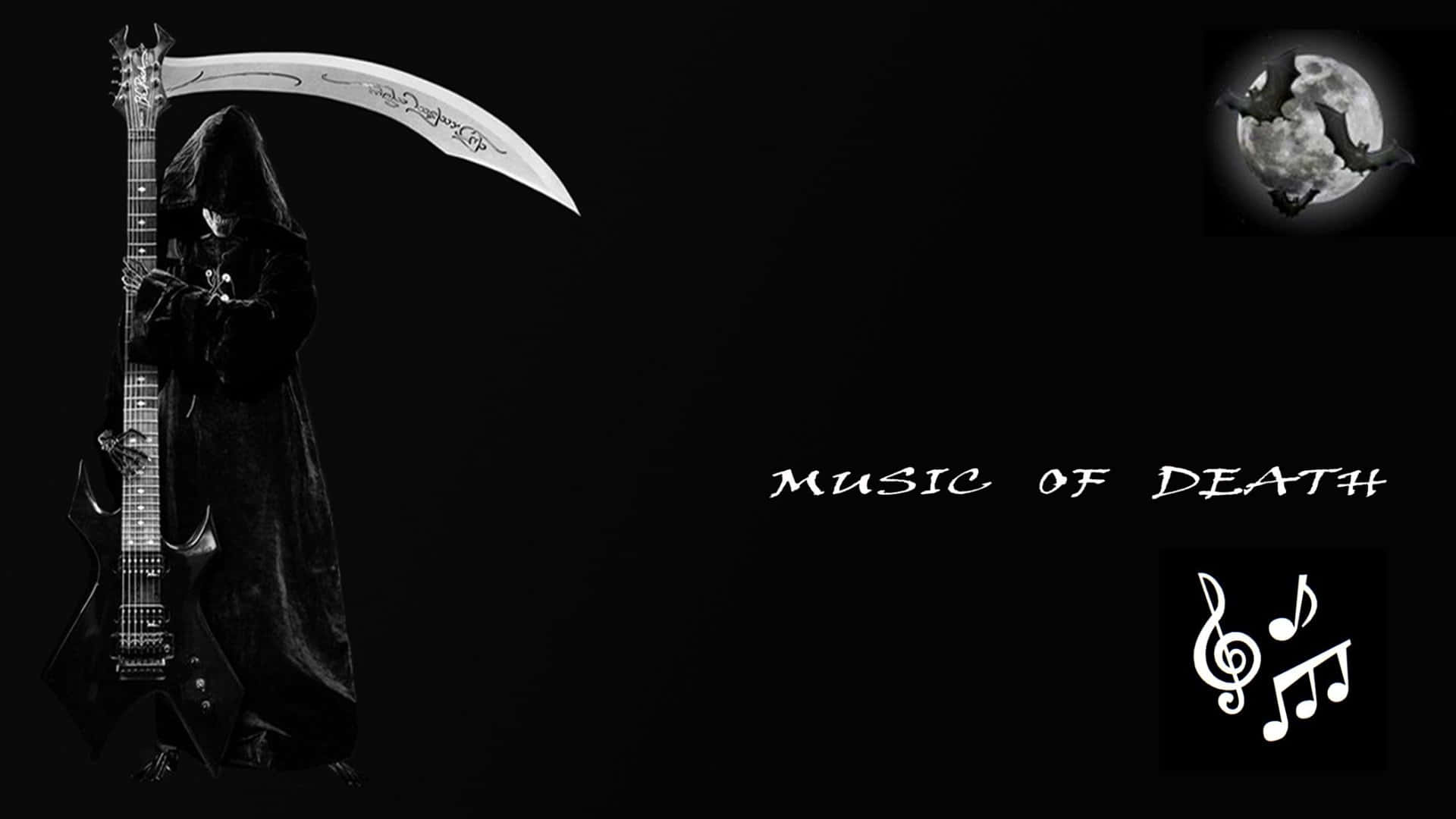 Halloween Music 桌布 壁紙 — 一個戴著兜帽的死神在黑暗背景上彈奏黑色電結他，背景有月亮和蝙蝠圖案以及音符。