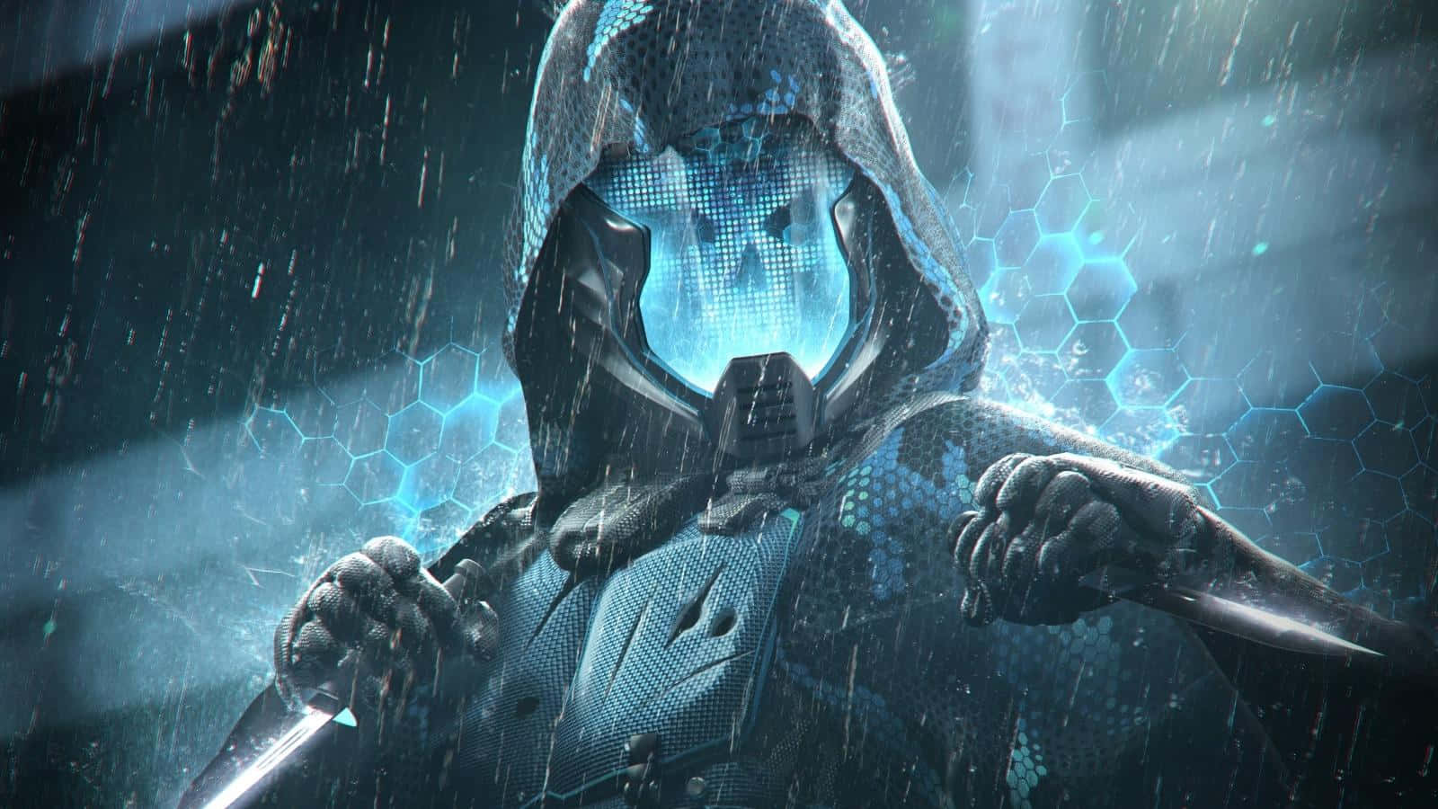Mortal Kombat Legacy 桌布 壁紙 — 一個戴著兜帽的網絡戰士，帶有發光的藍色面罩，站在雨中，手持刀刃，背景為六邊形數位圖案。