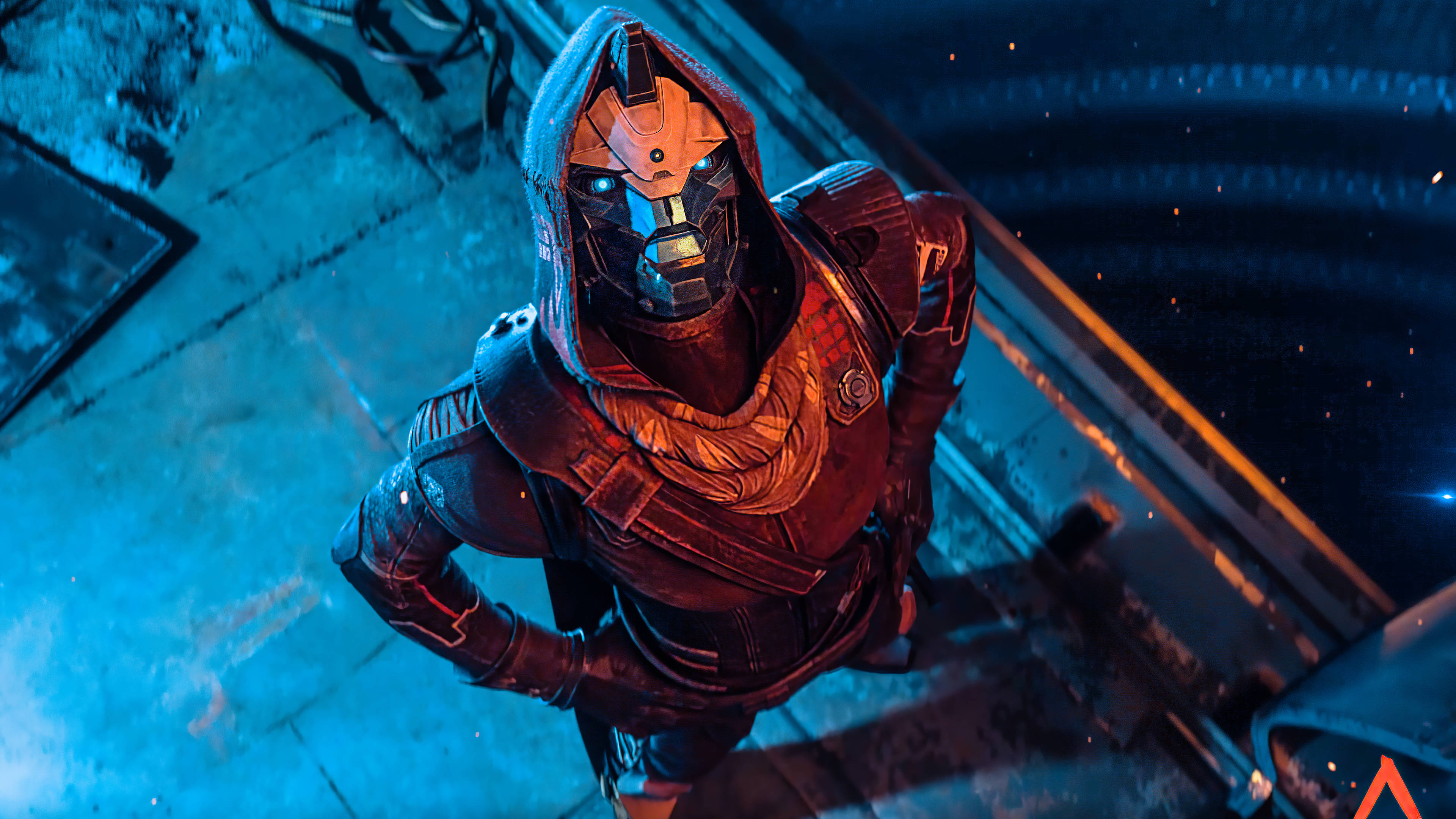 Destiny 4K Cayde-6 壁紙 — 一個戴著兜帽的裝甲人物，在霓虹藍和橙色燈光下站在金屬平台上，眼睛發出藍光。