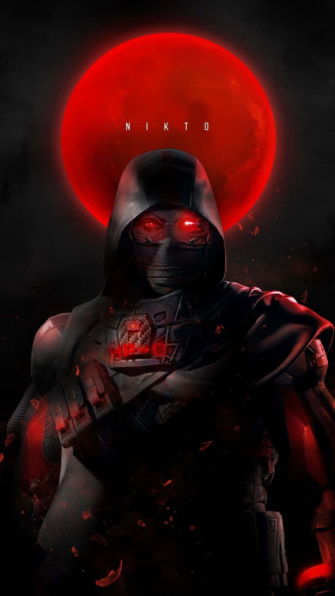 Cod Mobile Character Skins 桌布 壁紙 — 一個戴著兜帽的裝甲人物，雙眼發出紅光，站在巨大的紅月前，場景黑暗而詭異。