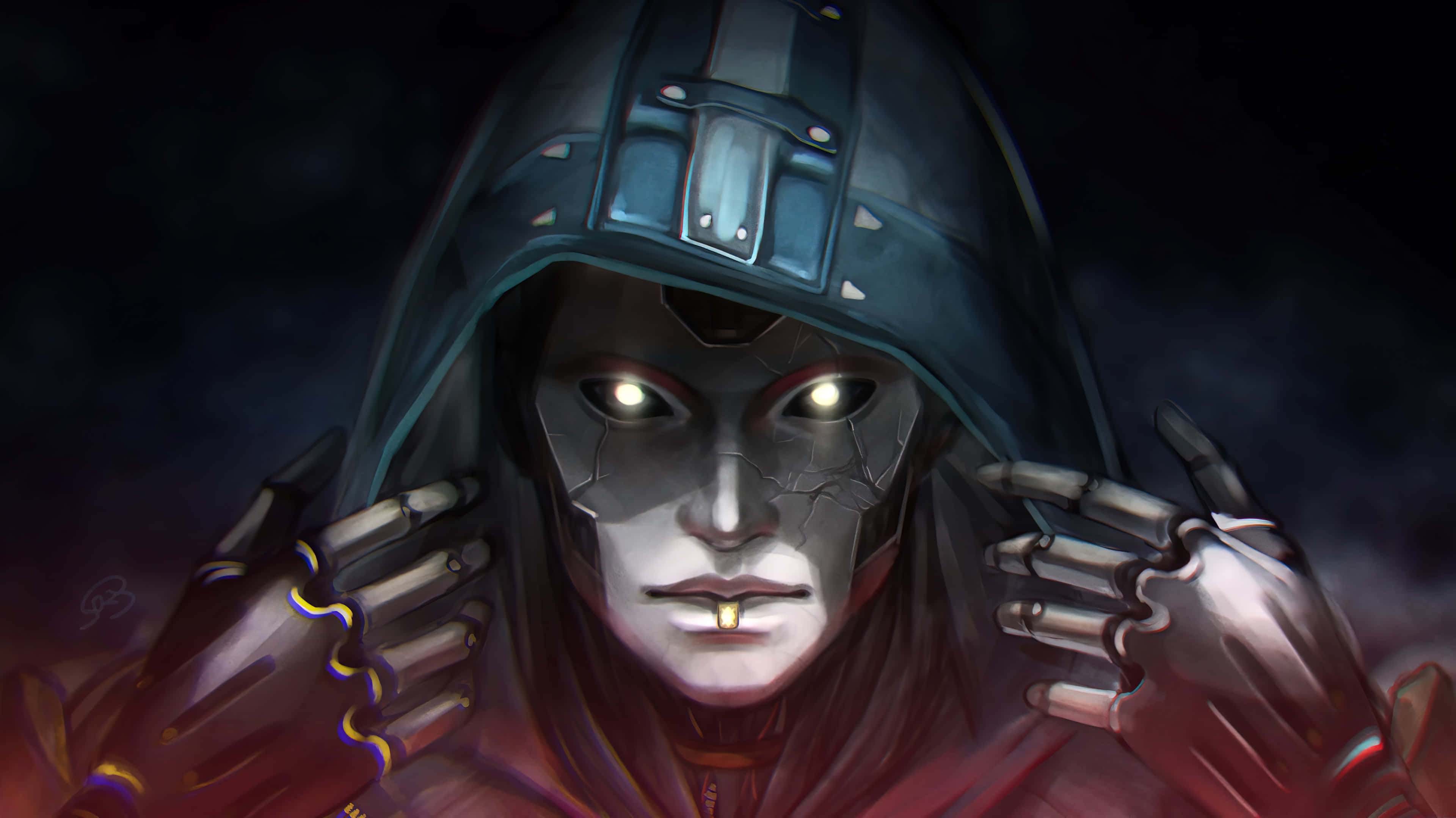 Apex Legends Characters 桌布 壁紙 — 一個戴著兜帽的賽博格人物，發光的眼睛和機械手框住他們的臉，背景是黑暗煙霧繚繞。