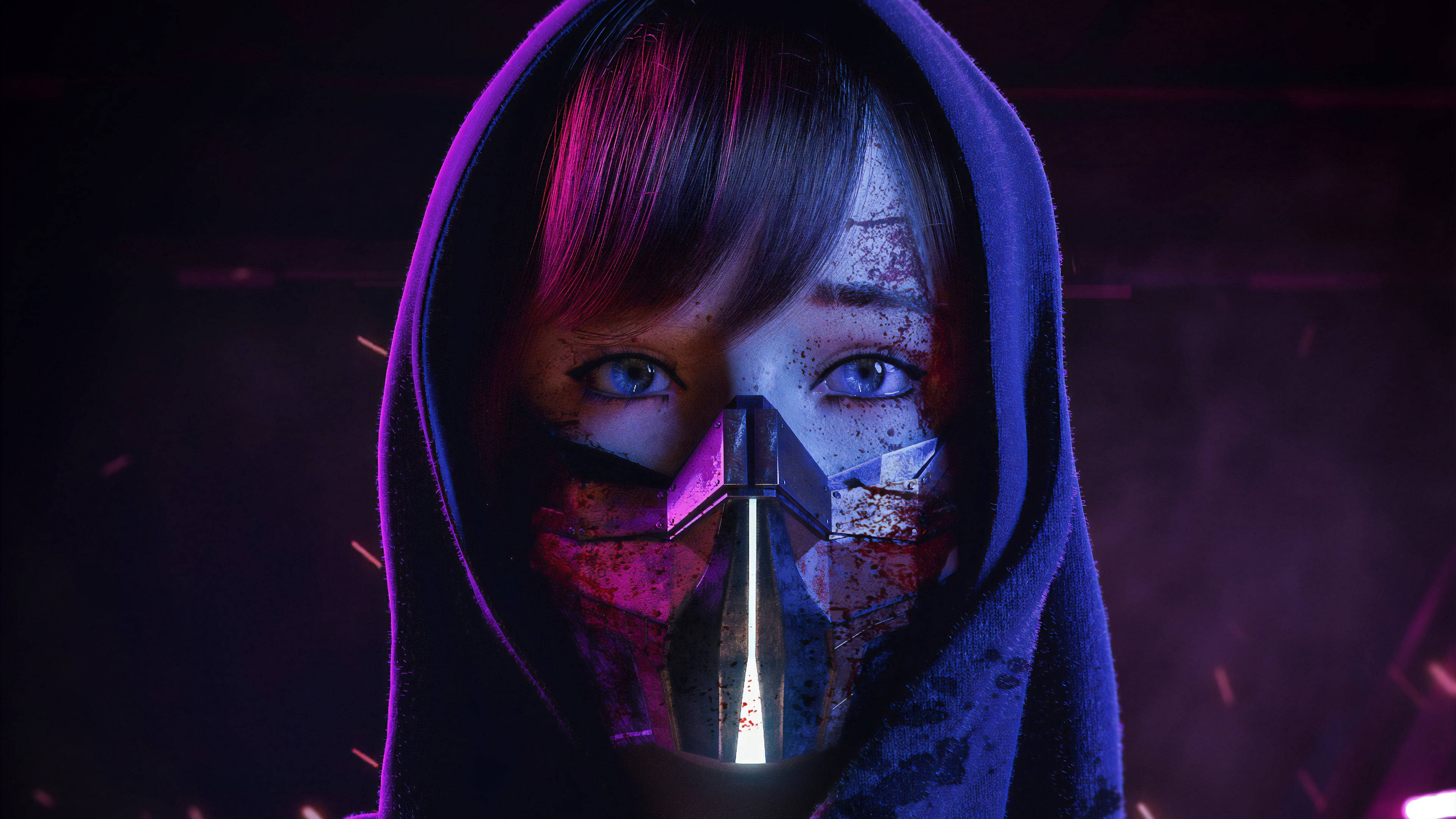 Cyberpunk Aesthetic 桌布 壁紙 — 一個戴著兜帽的身影，眼睛發光，戴著金屬面具，沐浴在霓虹紫和粉紅色的光中。