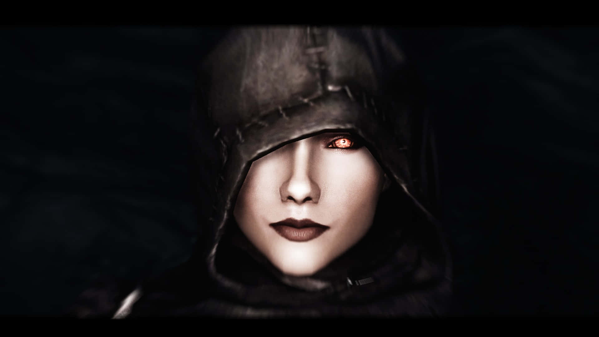 Skyrim Serana 桌布 壁紙 — 一個戴著兜帽的身影，雙眼發出紅光，在黑暗背景下強烈凝視。