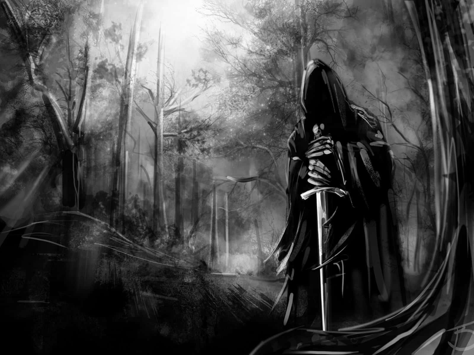 死神 桌布 壁紙 — 一個戴著兜帽的身影在迷霧森林中握著劍，空靈的光線穿過光禿的樹木，呈現單色調。