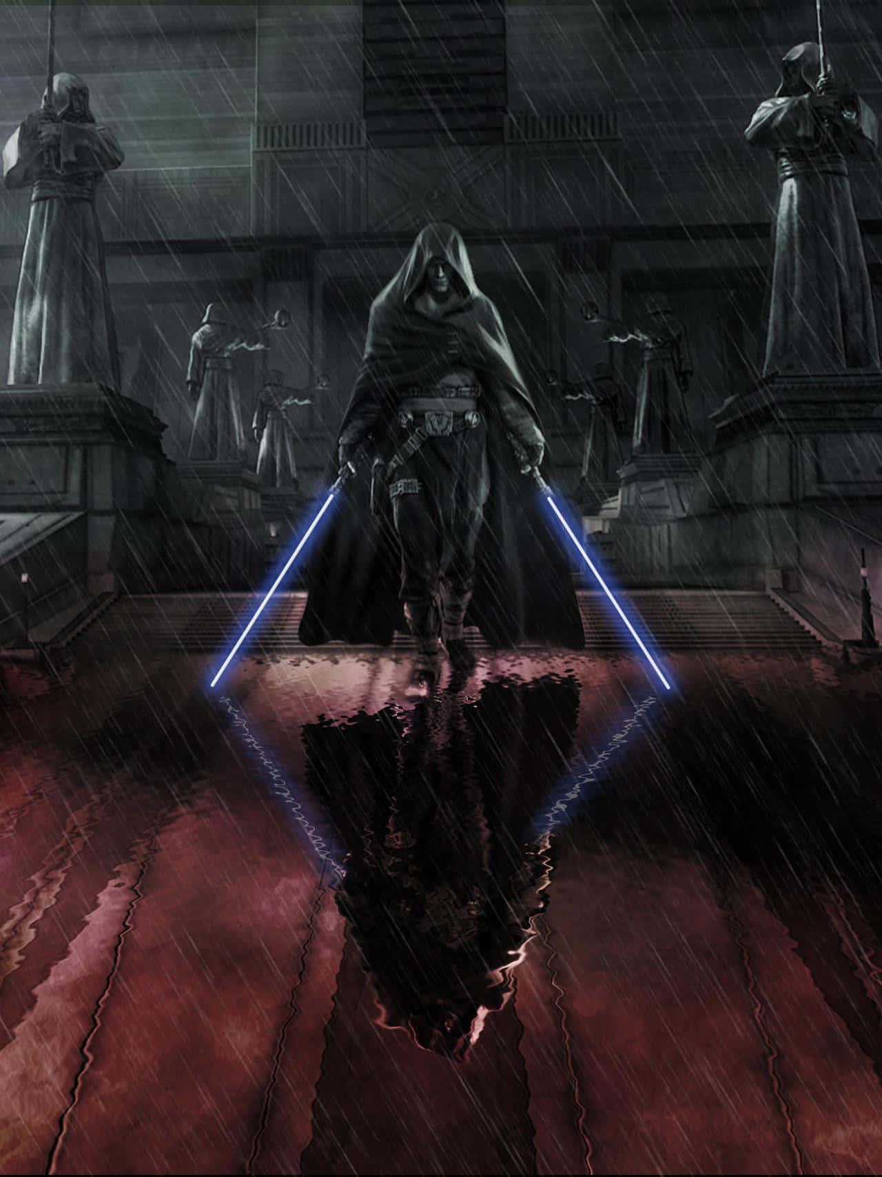 The Great Jedi Purge 桌布 壁紙 — 一個戴著兜帽的身影在雨濕的庭院中揮舞藍色光劍，周圍有雕像，在濕潤的紅色石頭上投射出鏡面般的倒影。