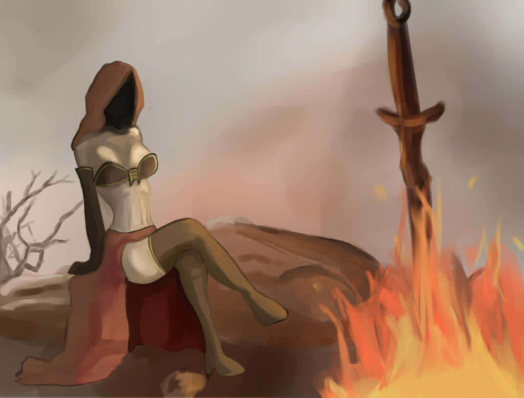 Dark Souls Emerald Herald 桌布 壁紙 — 一個戴著兜帽的身影坐在熊熊烈火旁，附近地上插著一把劍。
