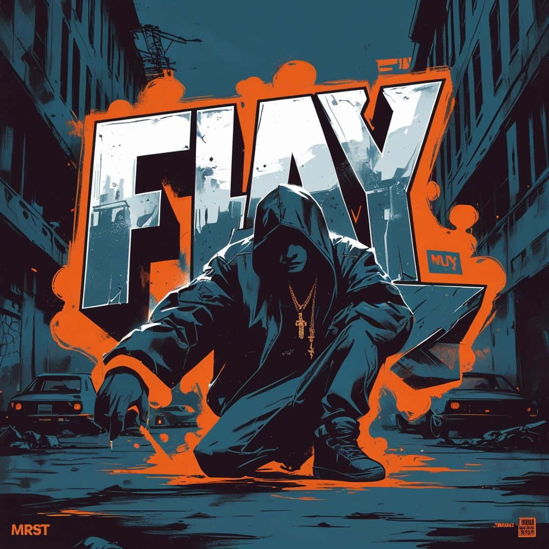 Flay 壁紙 — 一個戴著兜帽的身影蹲在骯髒的城市小巷中，上方是醒目的橙色和藍綠色 'FLAY' 塗鴉標籤。