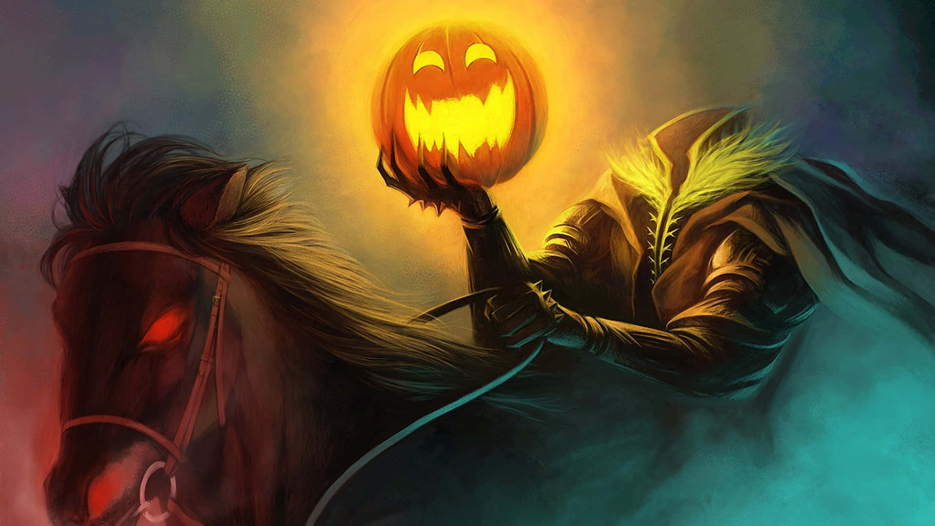 Spooky Halloween 桌布 壁紙 — 一個戴著兜帽的身影騎著一匹黑馬，在暮色天空下舉著一個發光的傑克南瓜燈。