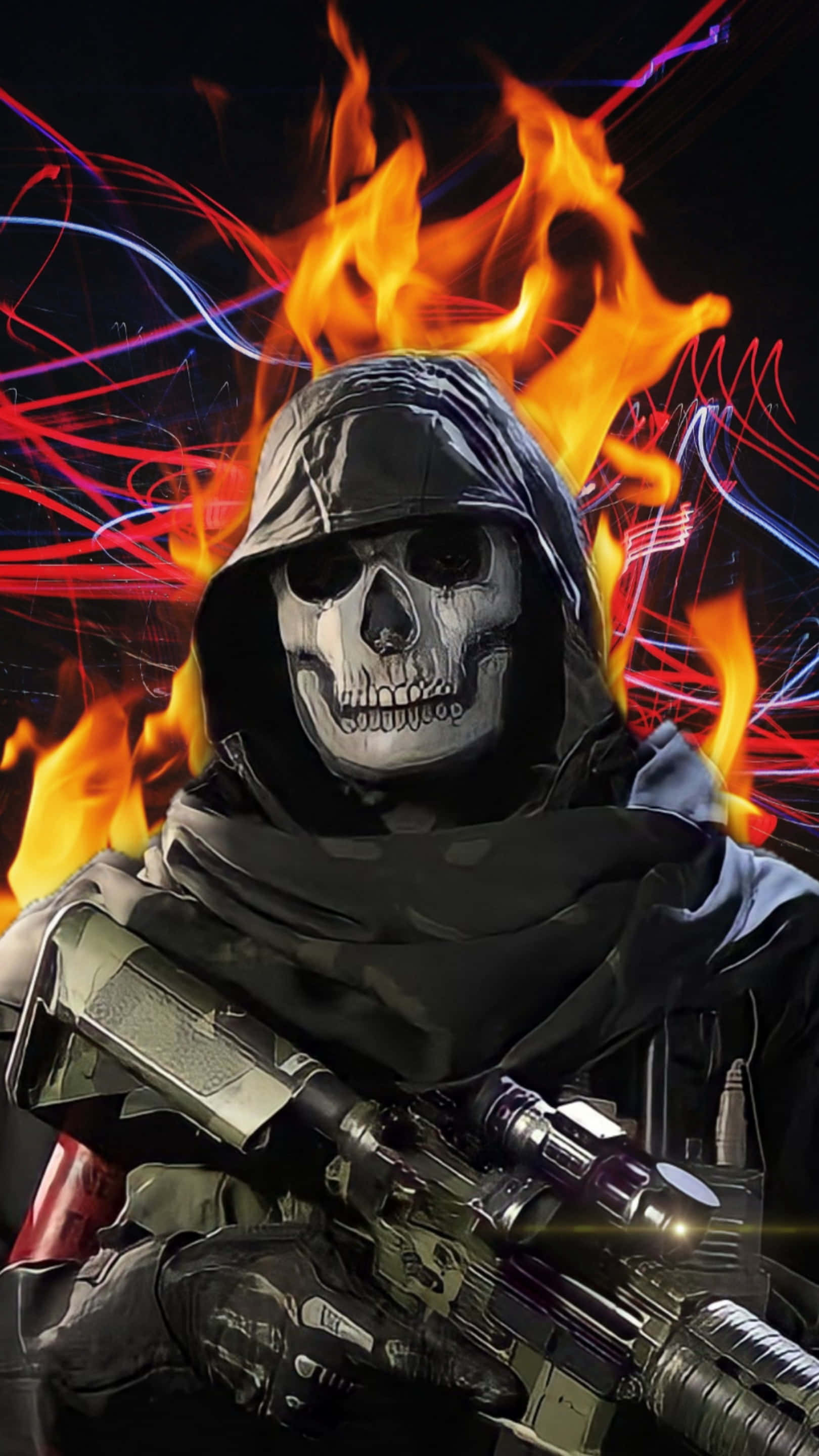 Cod Mobile Character Skins 桌布 壁紙 — 一個戴著兜帽的骷髏戰士在黑暗背景下，於咆哮的火焰和霓虹能量條中揮舞著一把未來步槍。