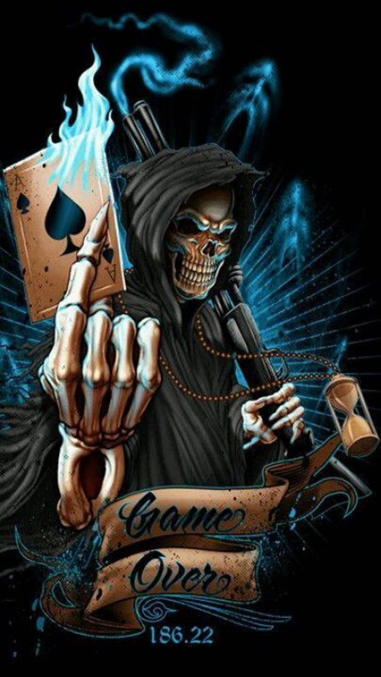 骷髏死神手持燃燒的黑桃A和槍，帶有game over橫幅。 — 死亡動畫 壁紙