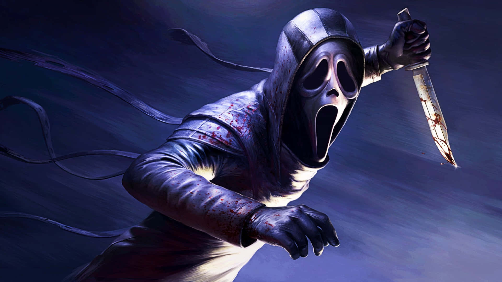 Dead By Daylight Killers 桌布 壁紙 — 一個戴著兜帽的鬼影人物，戴著尖叫面具，手持血淋淋的刀，在黑暗暴風雨的背景下向前猛衝。
