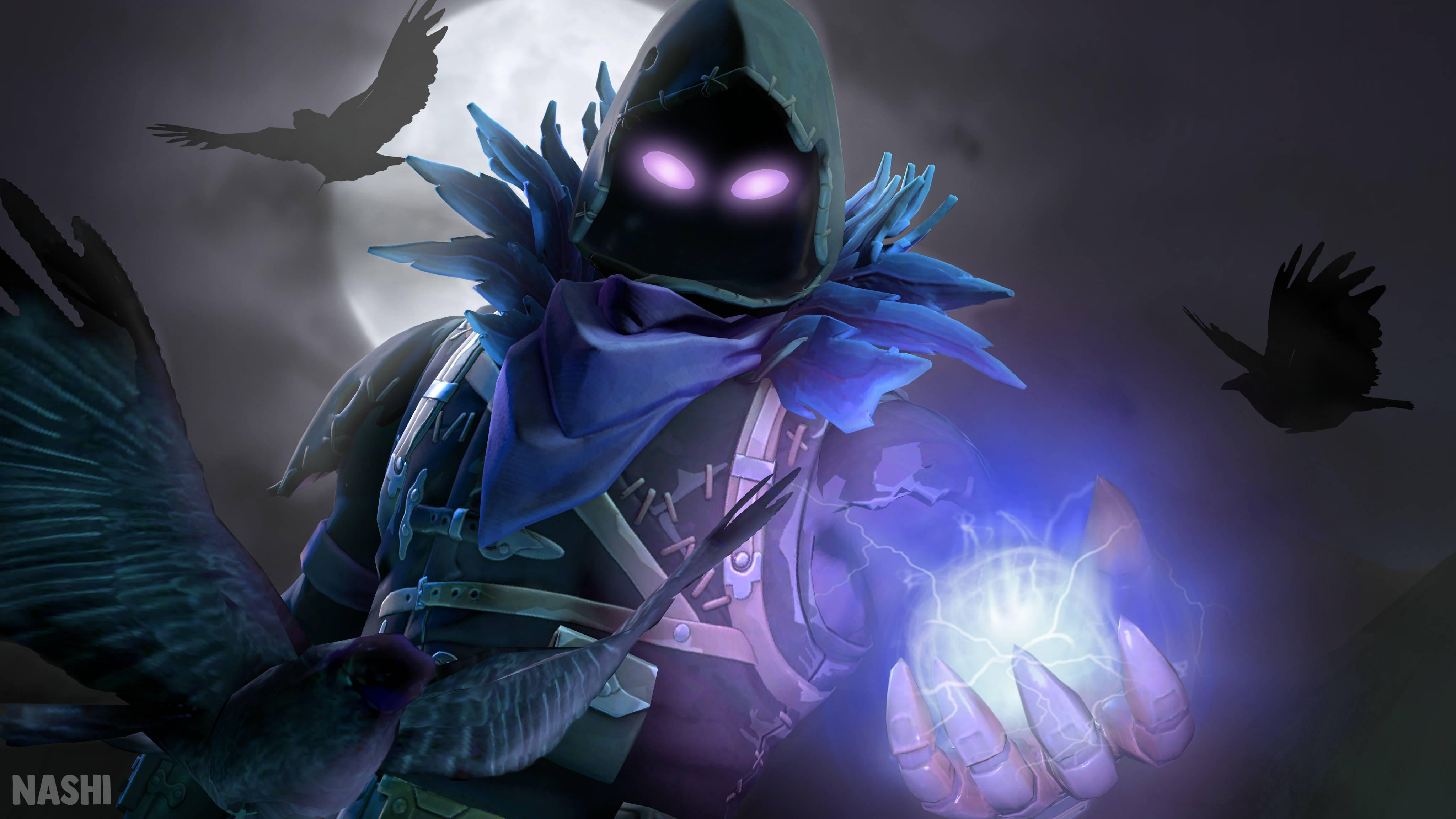 Fortnite 桌布 壁紙 — 一個戴著兜帽的黑暗身影，擁有發光的紫色眼睛，手持一個噼啪作響的藍色球體，烏鴉在月光照耀的天空中飛翔。