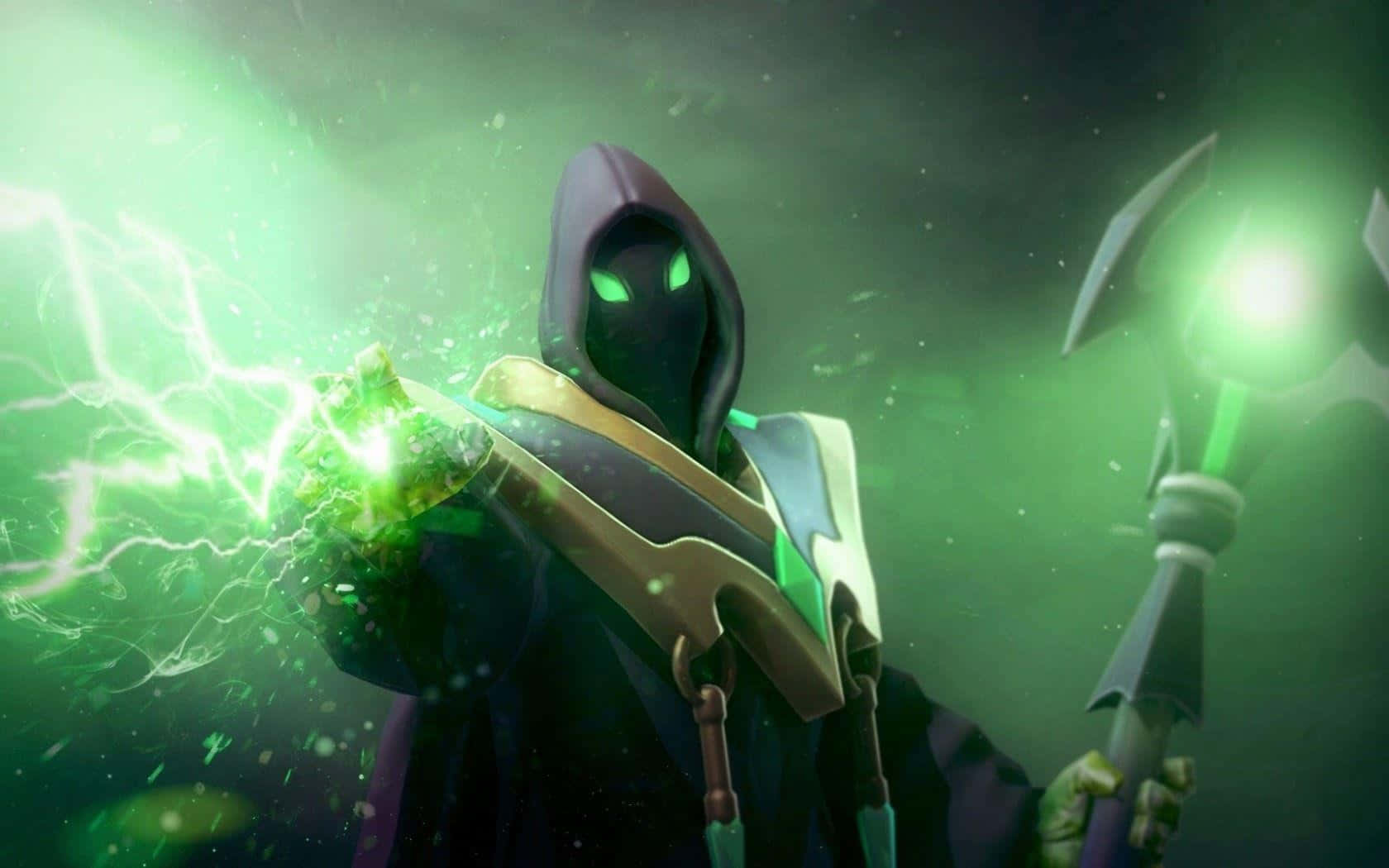 Rubick 桌布 壁紙 — 一個戴著兜帽的黑暗身影，閃爍著綠色光芒的眼睛，在迷霧般的綠色背景下，從法杖中引導出噼啪作響的綠色能量。