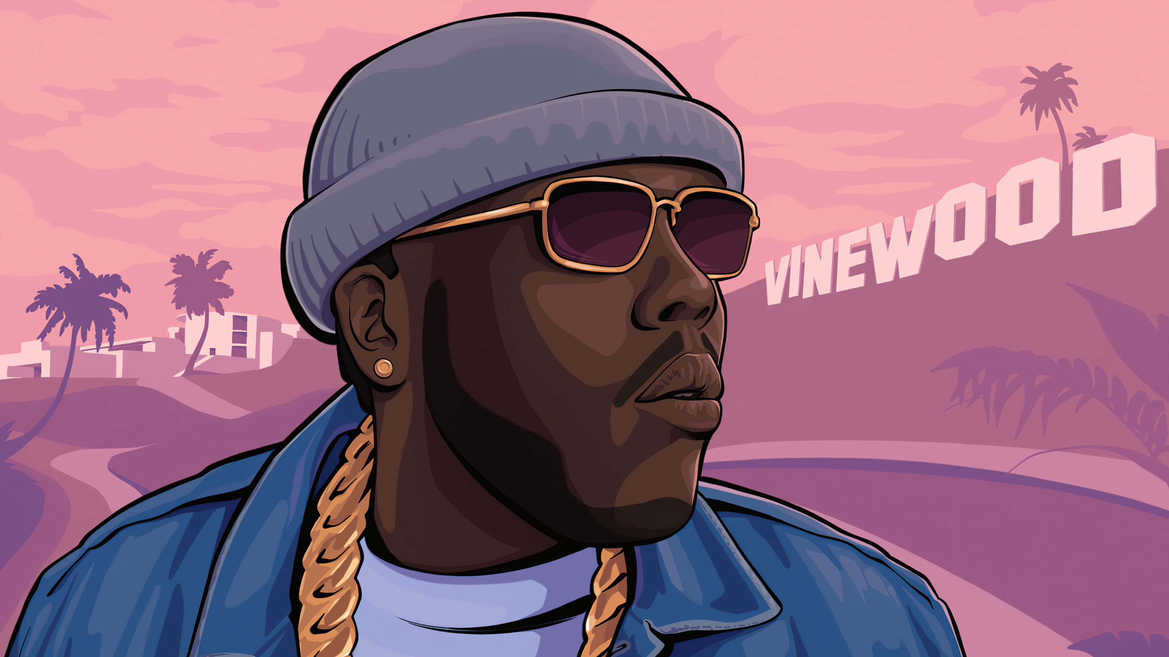 Gta V 4K 桌布 壁紙 — 一個戴著冷帽和太陽眼鏡的風格化插圖男子，站在粉紅色調的Vinewood背景前，有棕櫚樹。