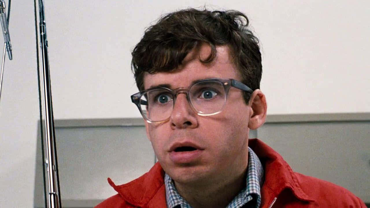 rick moranis 桌布 壁紙 — 一個戴著厚眼鏡、頭髮捲曲的男人，穿著紅色外套配格仔恤衫，震驚地凝視著。