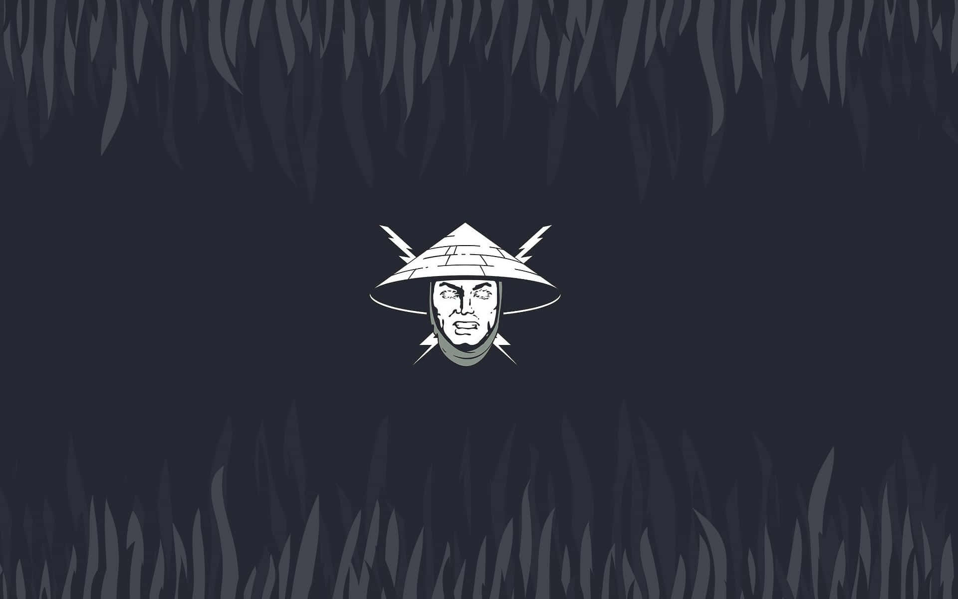 Mortal Kombat Raiden 桌布 壁紙 — 一個戴著圓錐帽的風格化忍者臉，帶著兇猛的表情從暗草中窺視。