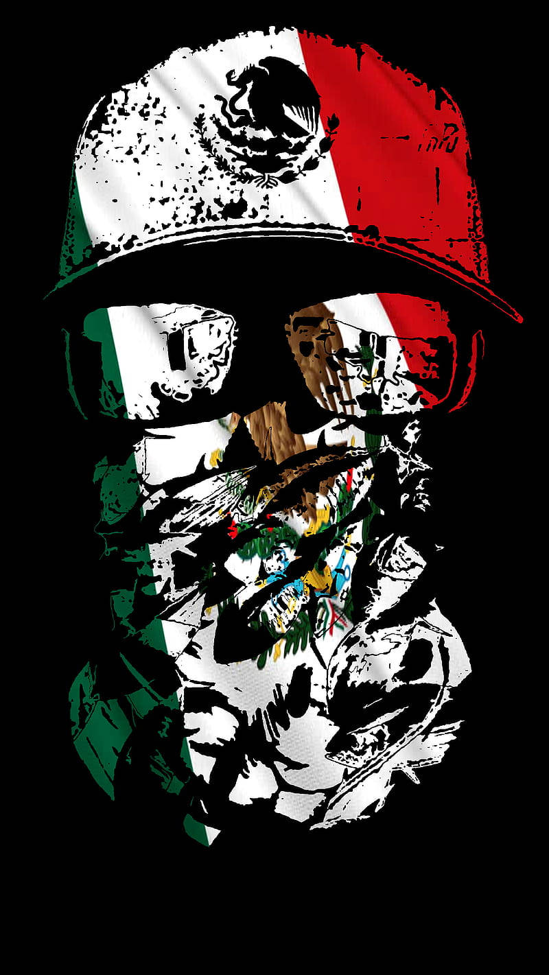 Mexican 桌布 壁紙 — 一個戴著墨西哥國旗棒球帽和帶有國徽細節太陽眼鏡的風格化頭骨。