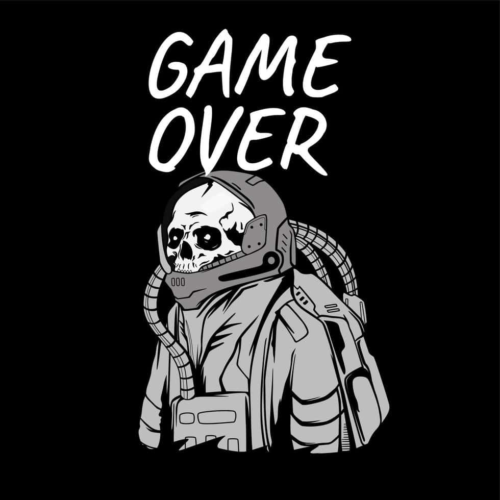 Dark Game Over 桌布 壁紙 — 一個戴著太空頭盔的骷髏，上方有 'GAME OVER' 文字，背景為黑色。