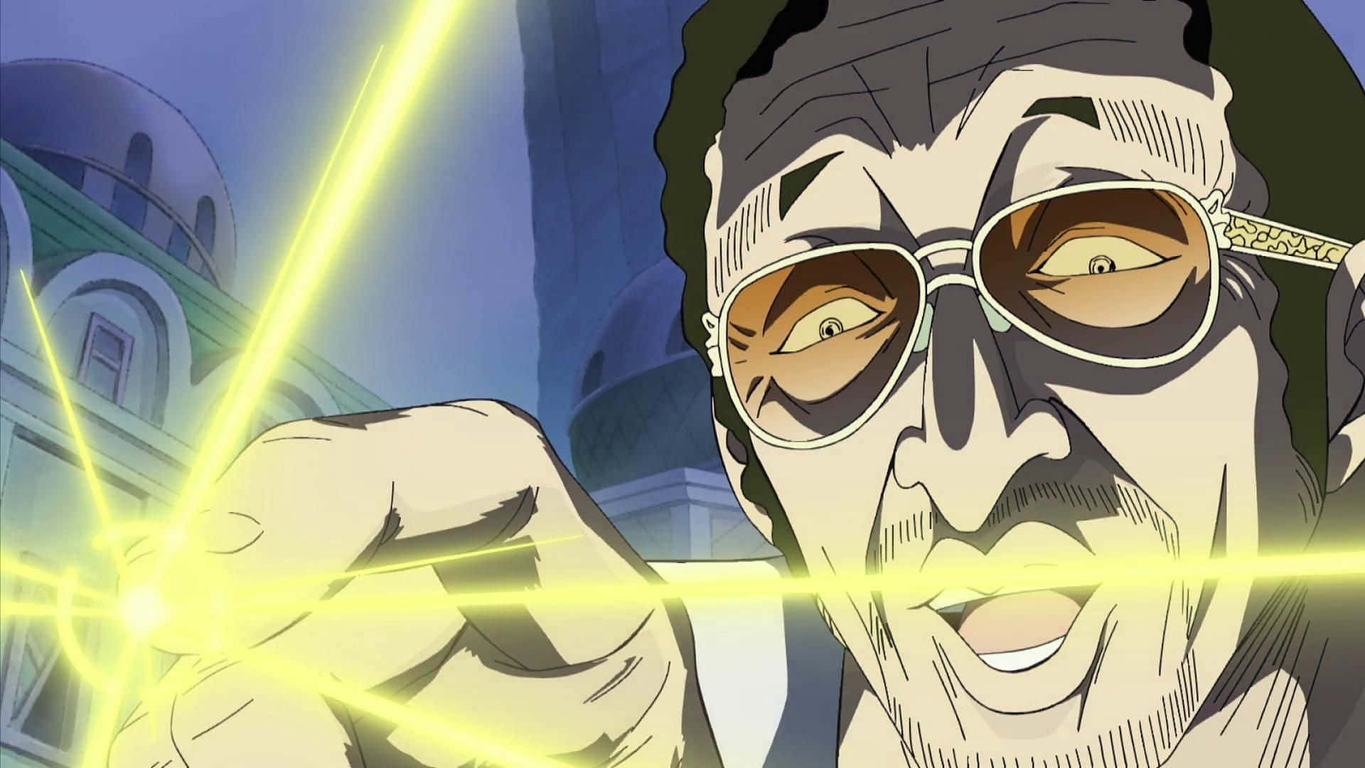 Kizaru 桌布 壁紙 — 一個戴著太陽眼鏡的動漫男人，在城市背景下從手中釋放出發光的黃色能量。