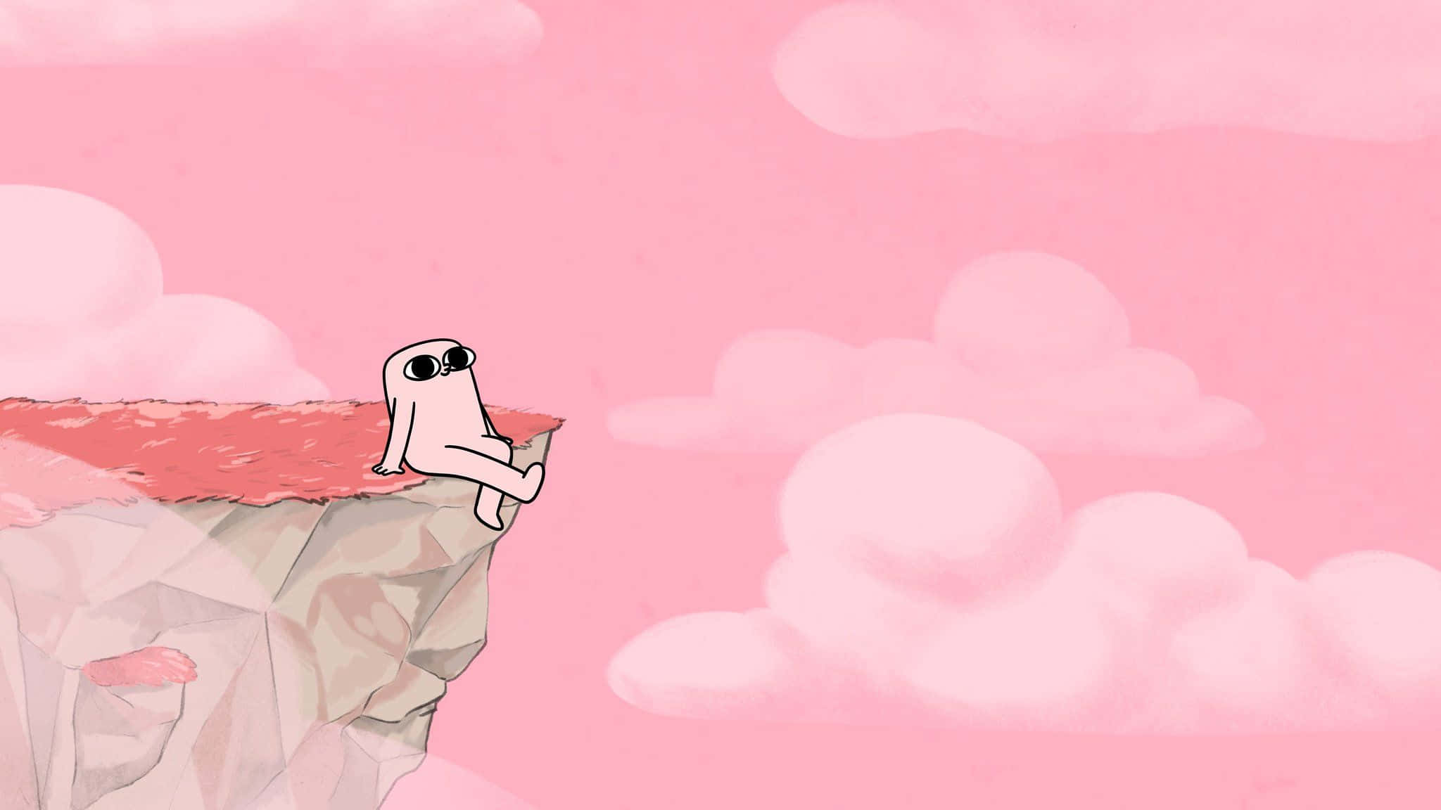 Pink Kawaii 桌布 壁紙 — 一個戴著太陽眼鏡的簡約白色生物，在粉紅色懸崖邊緣上放鬆，背景是柔和的粉紅色天空和蓬鬆的雲朵。