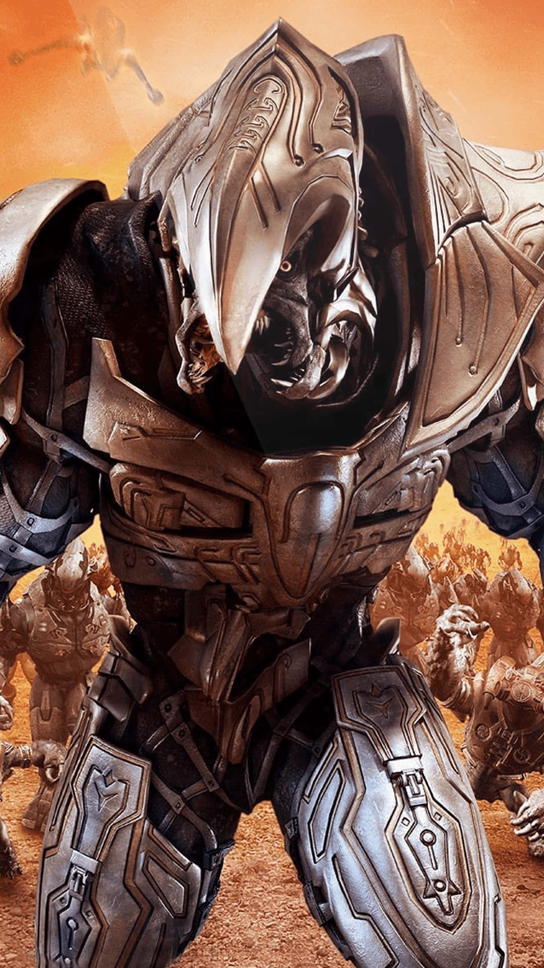 Halo Arbiter 桌布 壁紙 — 一個戴著威嚇頭盔的高聳裝甲戰士站在沙漠戰場上，身後一群類似的戰士在橙色天空下前進。