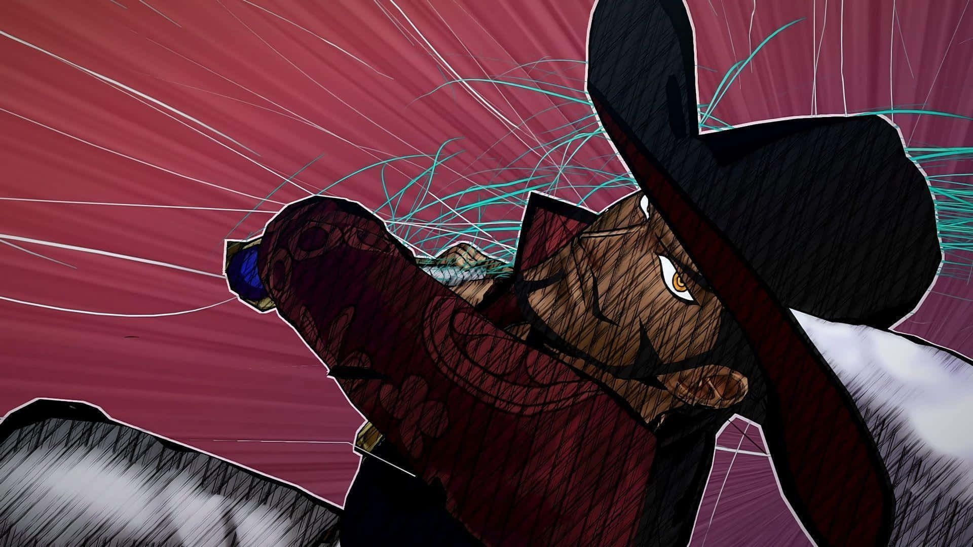 Dracule Mihawk 桌布 壁紙 — 一個戴著寬邊帽、眼神銳利的動感動漫角色，在充滿動態線條的鮮紅與青綠色背景中揮砍。