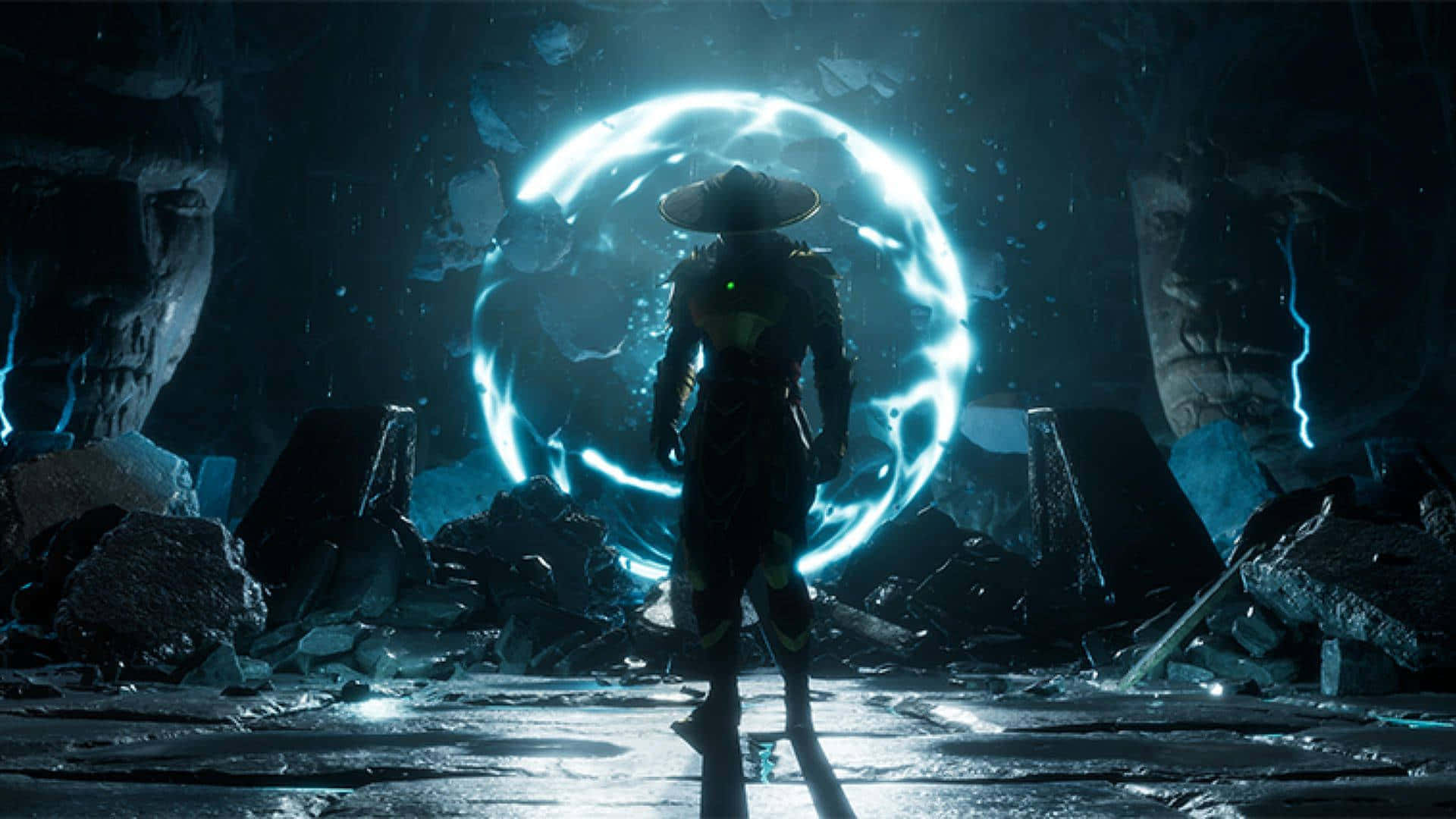 Mortal Kombat Legacy 桌布 壁紙 — 一個戴著寬邊帽的孤獨戰士站在一個黑暗廢墟中，面對著一個發光的藍色能量傳送門，周圍有巨大的石頭面孔。