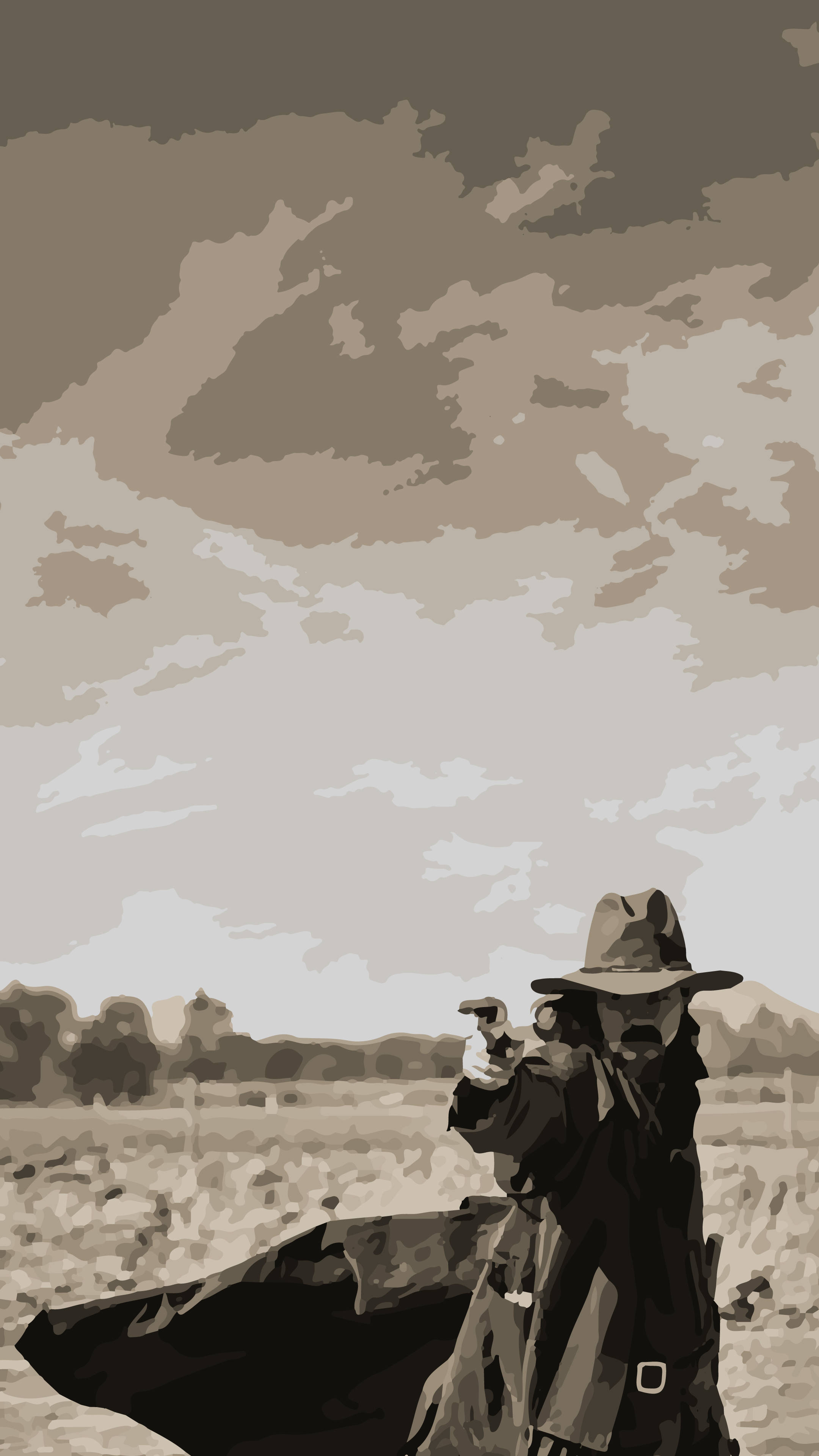 Cowboy 桌布 壁紙 — 一個戴著寬邊帽的孤獨牛仔，在廣闊的棕褐色天空下，用左輪手槍瞄準，天空中有戲劇性的雲彩。