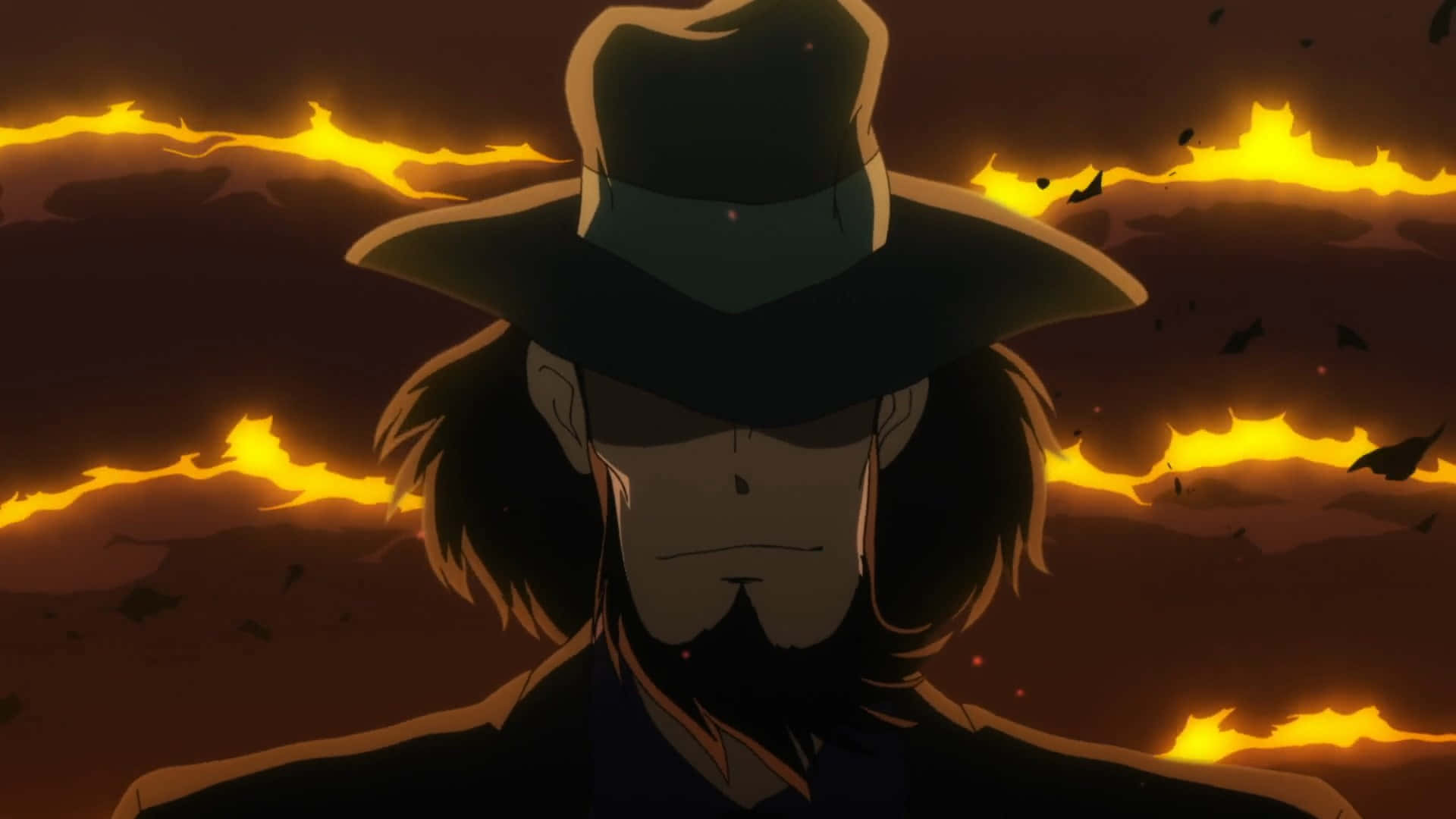 Lupin Iii Daisuke Jigen 桌布 壁紙 — 一個戴著寬邊帽的神秘動漫男子，站在火橙色天空下，天空有發光的裂縫和飛翔的蝙蝠。