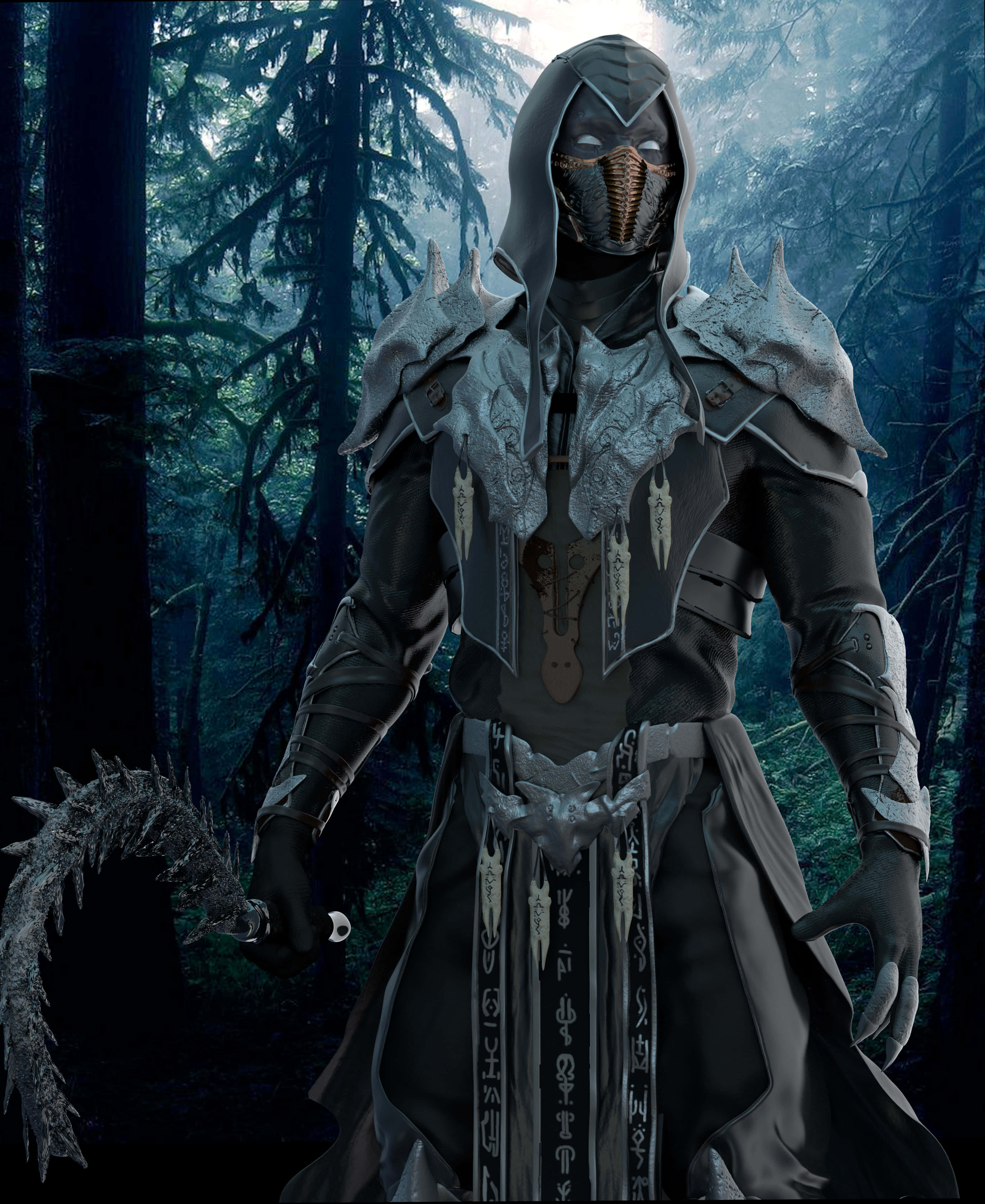 Mortal Kombat Noob Saibot 桌布 壁紙 — 一個戴著尖刺面具和華麗盔甲的兜帽戰士，在迷霧籠罩的黑暗森林中手持鐮刀，威風凜凜地站立。