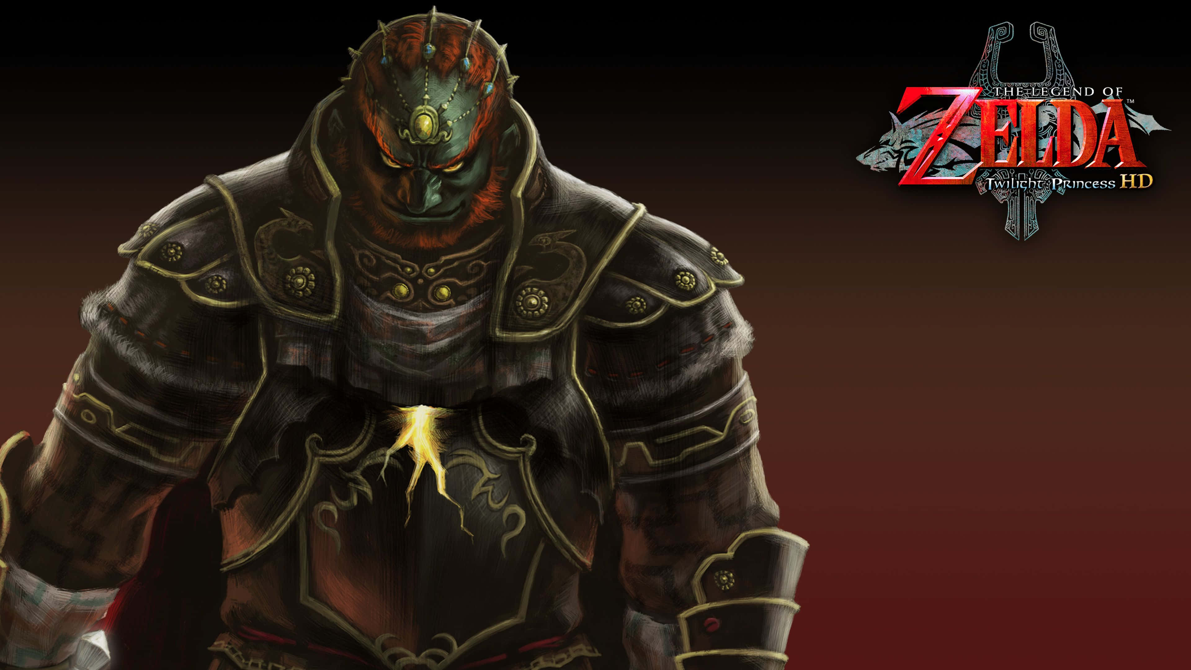Ganondorf 桌布 壁紙 — 一個戴著尖刺頭盔、眼睛發光的威嚇裝甲戰士，站在深紅色漸變背景前。