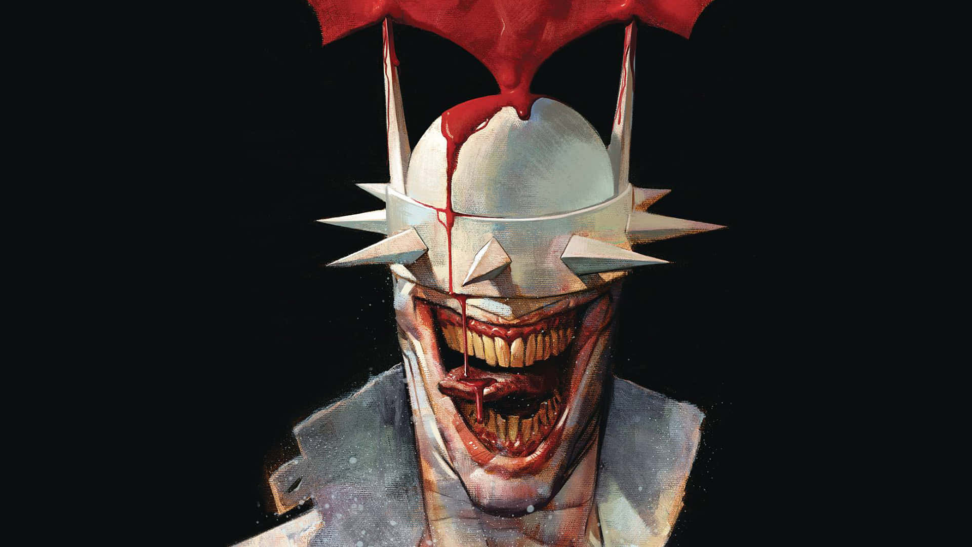 The Batman Who Laughs 桌布 壁紙 — 一個戴著尖刺頭盔、紅色蝙蝠標誌滴著血、背景黑色的怪誕蝙蝠俠形象。