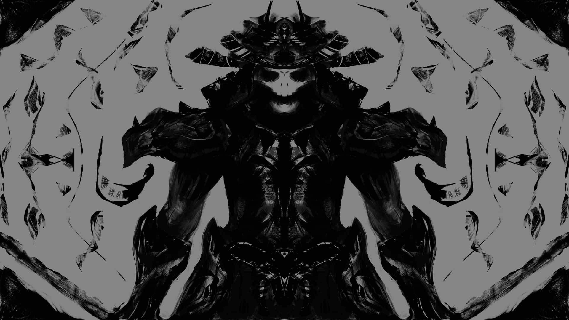 Bushido 桌布 壁紙 — 一個戴著尖刺頭盔、身穿盔甲的威脅性骷髏戰士，以及漂浮的魚狀生物，在單色數碼藝術場景中。
