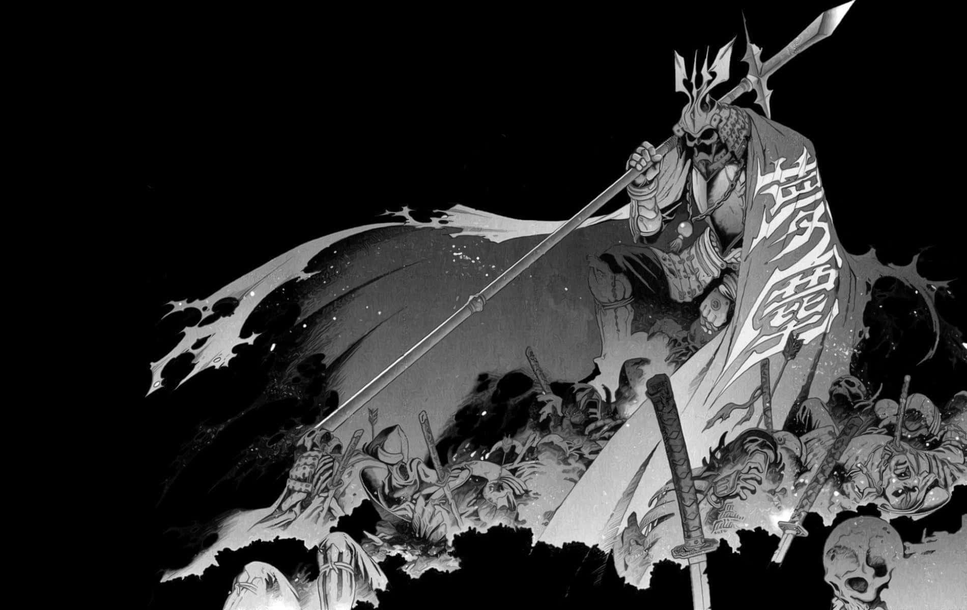 Black And White Samurai 桌布 壁紙 — 一個戴著尖刺頭盔和飄逸斗篷的威嚇武士，站在倒下的敵人之上，呈現出鮮明的黑白漫畫插圖。