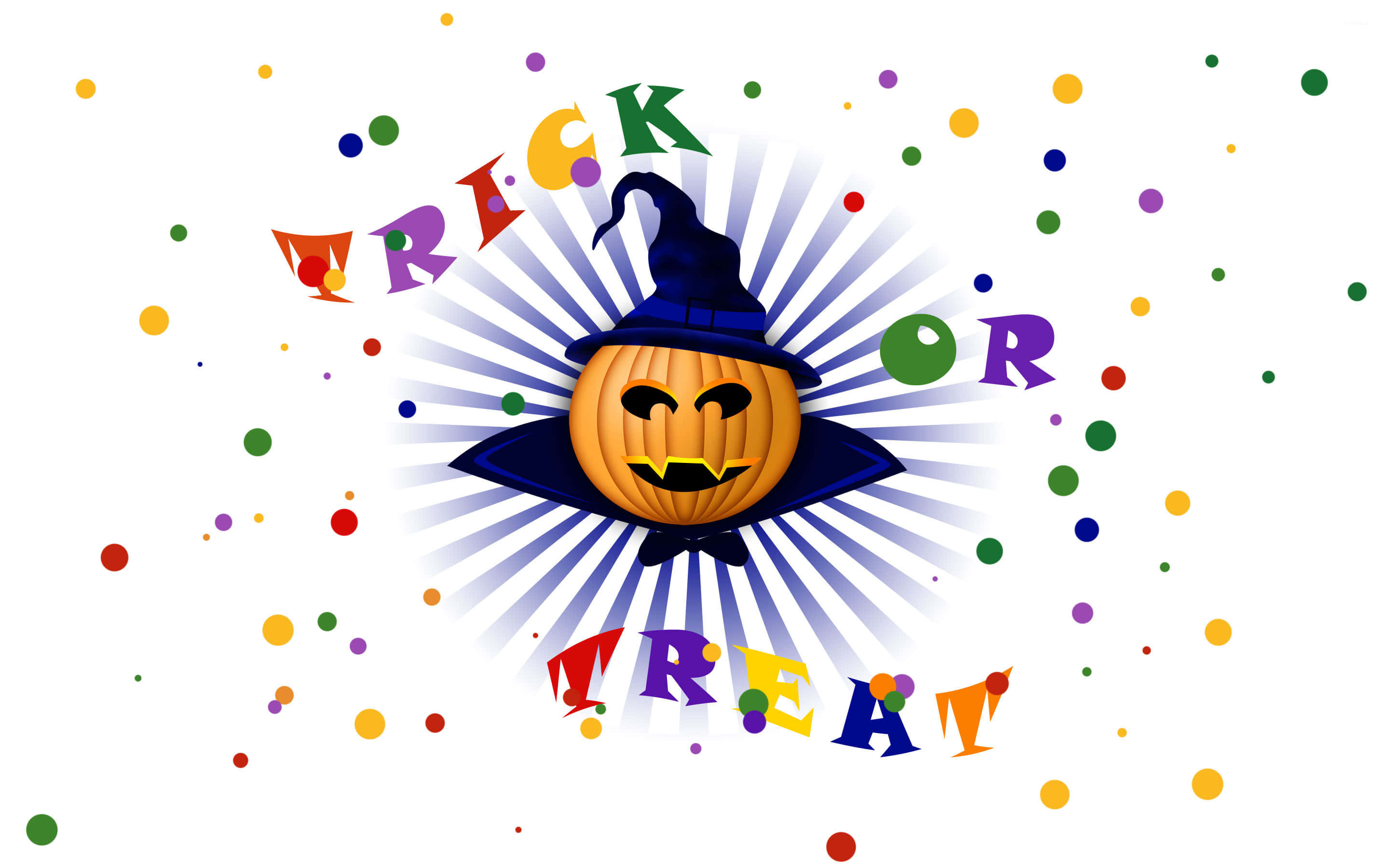 Trick Or Treat 桌布 壁紙 — 一個戴著巫婆帽的快樂南瓜燈散發出五彩繽紛的光芒，上面有「trick or treat」字樣和散落的糖果點。