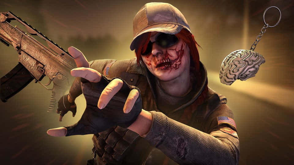 Rainbow Six Siege Ash 桌布 壁紙 — 一個戴著帽子和手套的血淋淋喪屍士兵手持步槍，附近有一個大腦鑰匙扣在昏暗的場景中漂浮。