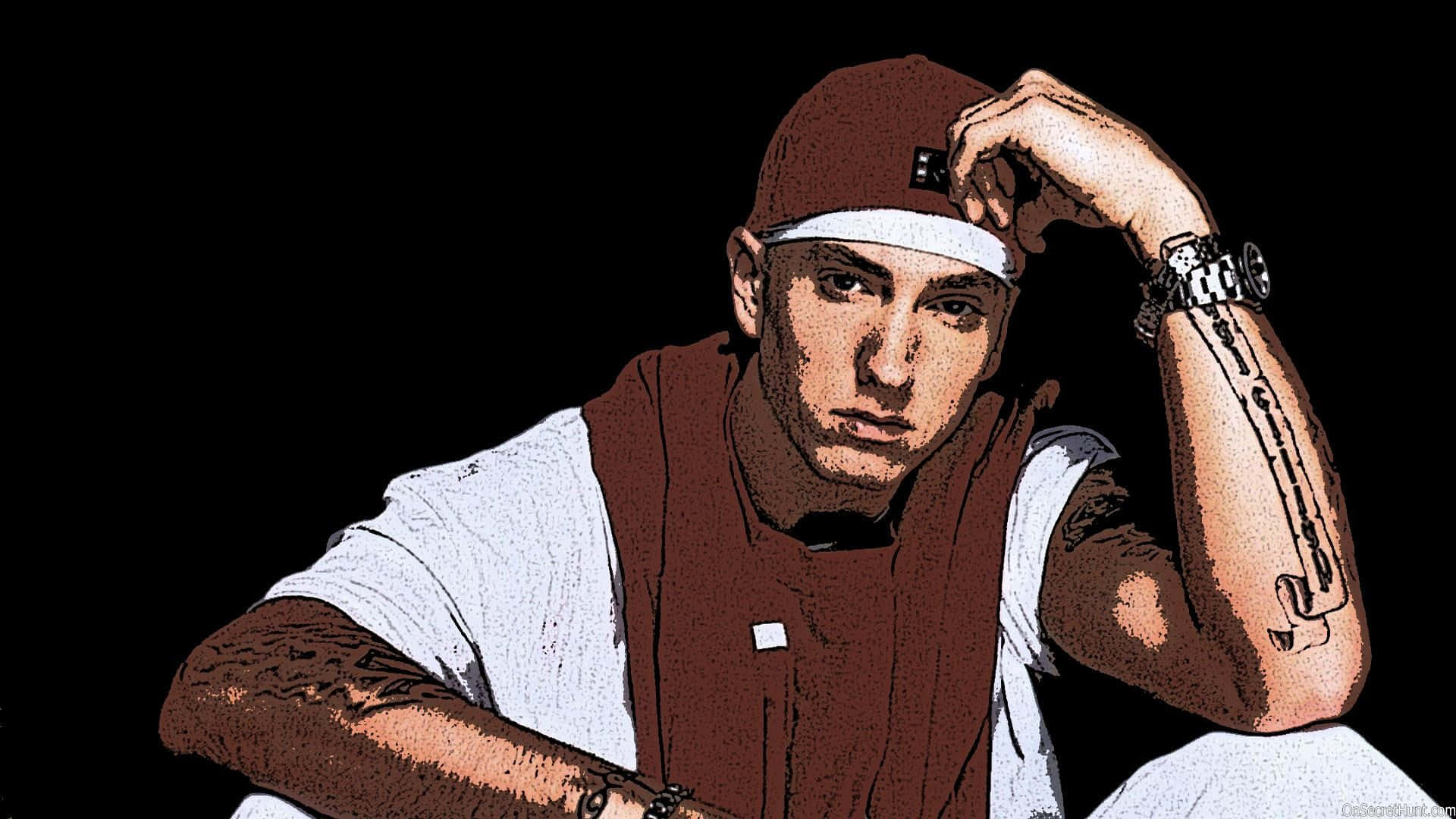 Eminem 桌布 壁紙 — 一個戴著帽子和背心、有紋身的男士的風格化數碼肖像，背景為黑色。