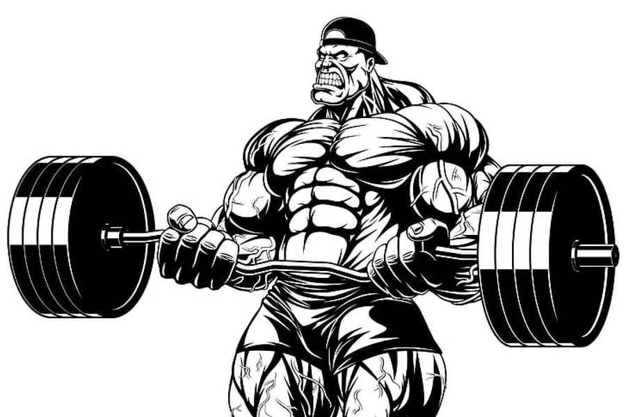 Exercise 桌布 壁紙 — 一個戴著帽子的肌肉男，表情猙獰地舉起沉重槓鈴的黑白插圖。