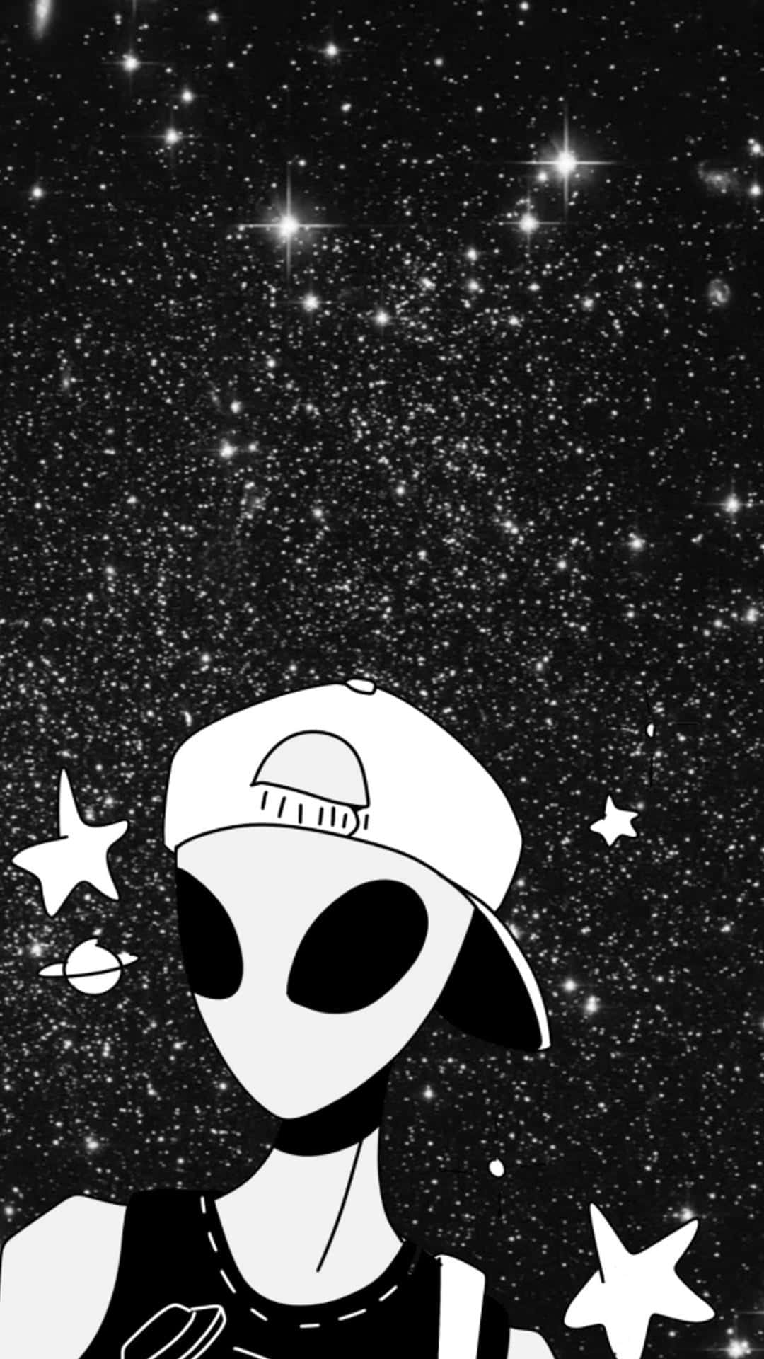 Black And White Star 桌布 壁紙 — 一個戴著帽子的風格化外星人，在佈滿星星和行星的星空宇宙背景下向上凝視。