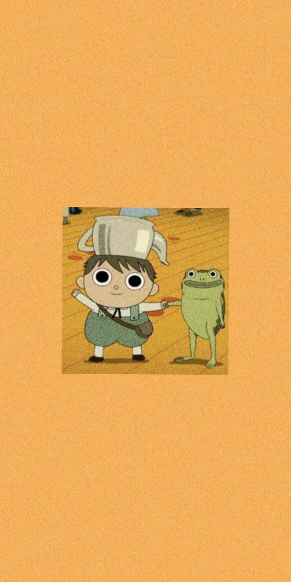 Aesthetic Frog 桌布 壁紙 — 一個戴著廚師帽的卡通男孩在木地板上與一隻綠色青蛙牽手，背景為純橙色。