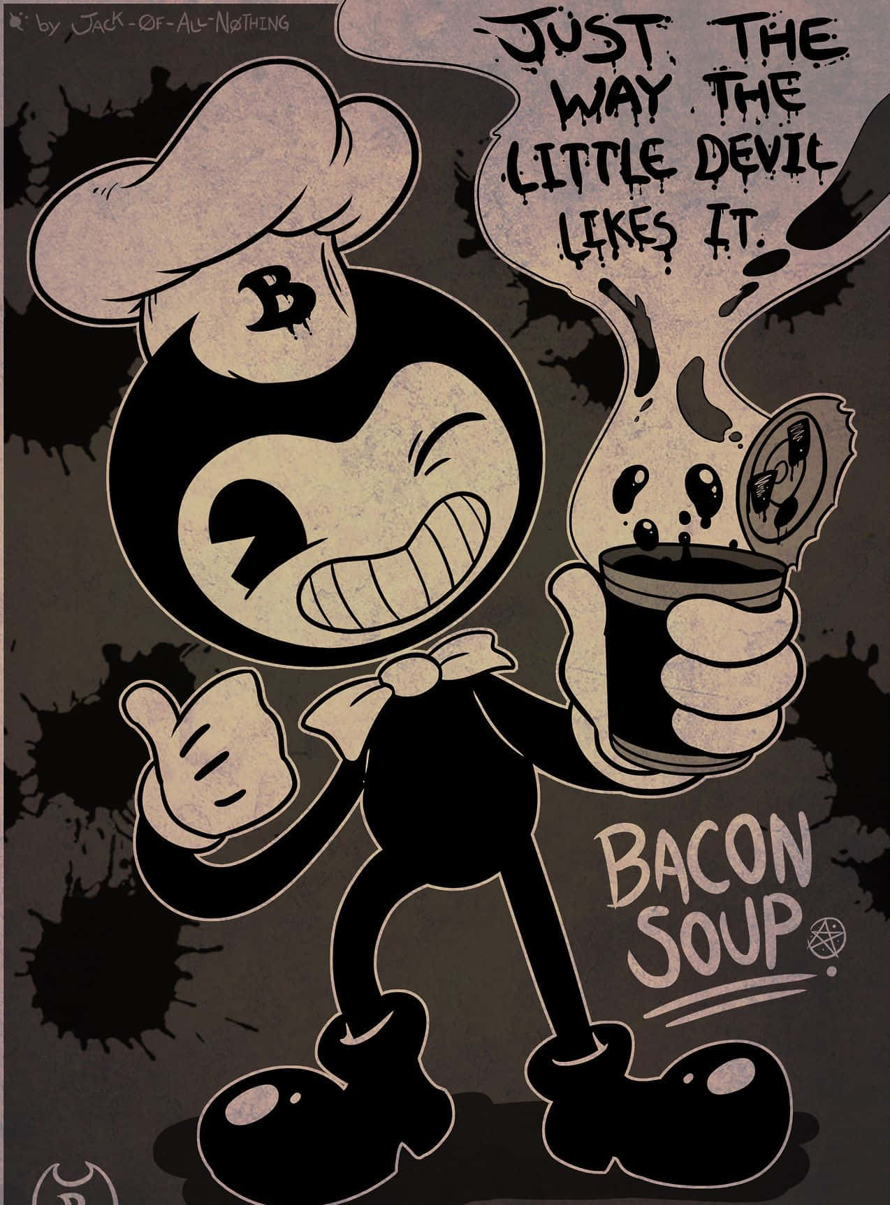 bendy and the ink machine 桌布 壁紙 — 一個戴著廚師帽的卡通魔鬼咧嘴笑著，手持一鍋冒煙的煙肉湯，對話框寫著「正是小鬼喜歡的方式。」