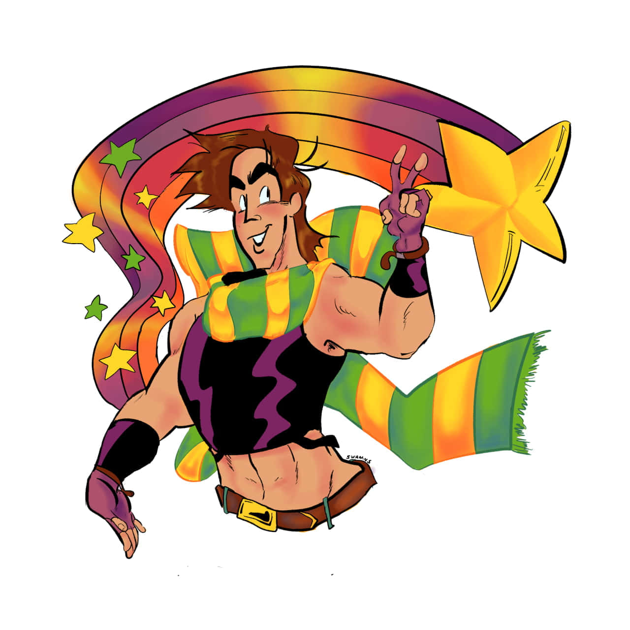 Battle Tendency 桌布 壁紙 — 一個戴著彩虹條紋圍巾和紫色手套的快樂卡通男人，在旋轉的彩虹和星星前做出和平手勢。