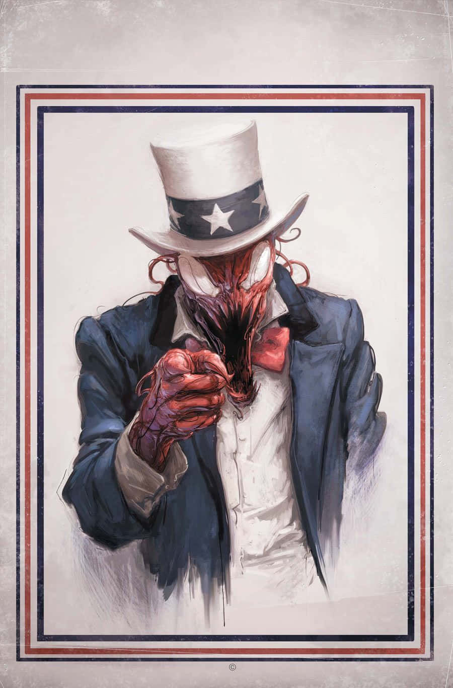Carnage USA 桌布 壁紙 — 一個戴著愛國高帽、身穿西裝的怪誕人物，滿臉鮮血，雙手緊握一個紅色物體，背景是帶框的。