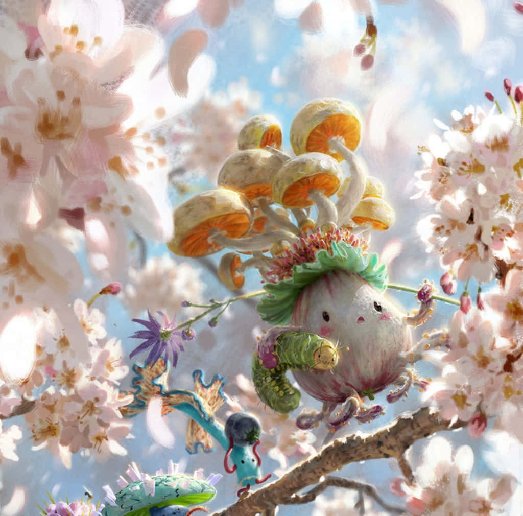 Kawaii Mushroom 桌布 壁紙 — 一個戴著橙色帽子和綠色帽子的奇幻蘑菇頭生物，棲息在櫻花枝上，周圍環繞著飄落的花瓣和微小的奇幻生物。