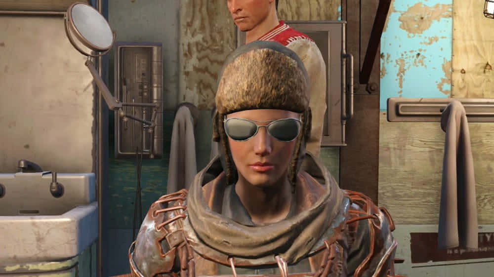 Fallout Characters 桌布 壁紙 — 一個戴著毛帽和護目鏡的角色站在一個破舊的醫療室裡，身後有另一個人。