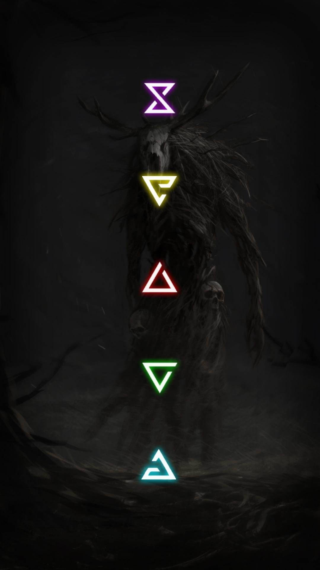 The Witcher 3 桌布 壁紙 — 一個戴著深色兜帽的身影，帶著發光的幾何符號，漂浮在陰暗的迷霧中。