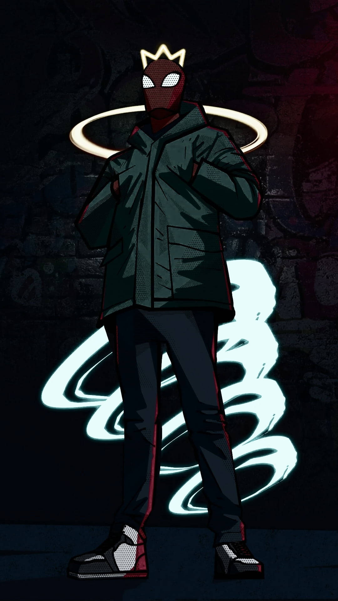 漫威 桌布 壁紙 — 一個戴著深色連帽衫和皇冠的神秘人物自信地站在一面帶有發光白色漩渦的塗鴉牆前。