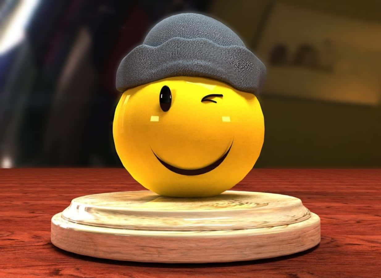 Smiley 桌布 壁紙 — 一個戴著灰色冷帽嘅開心黃色笑哈哈表情符號，坐喺紅色枱上面嘅木製底座上。